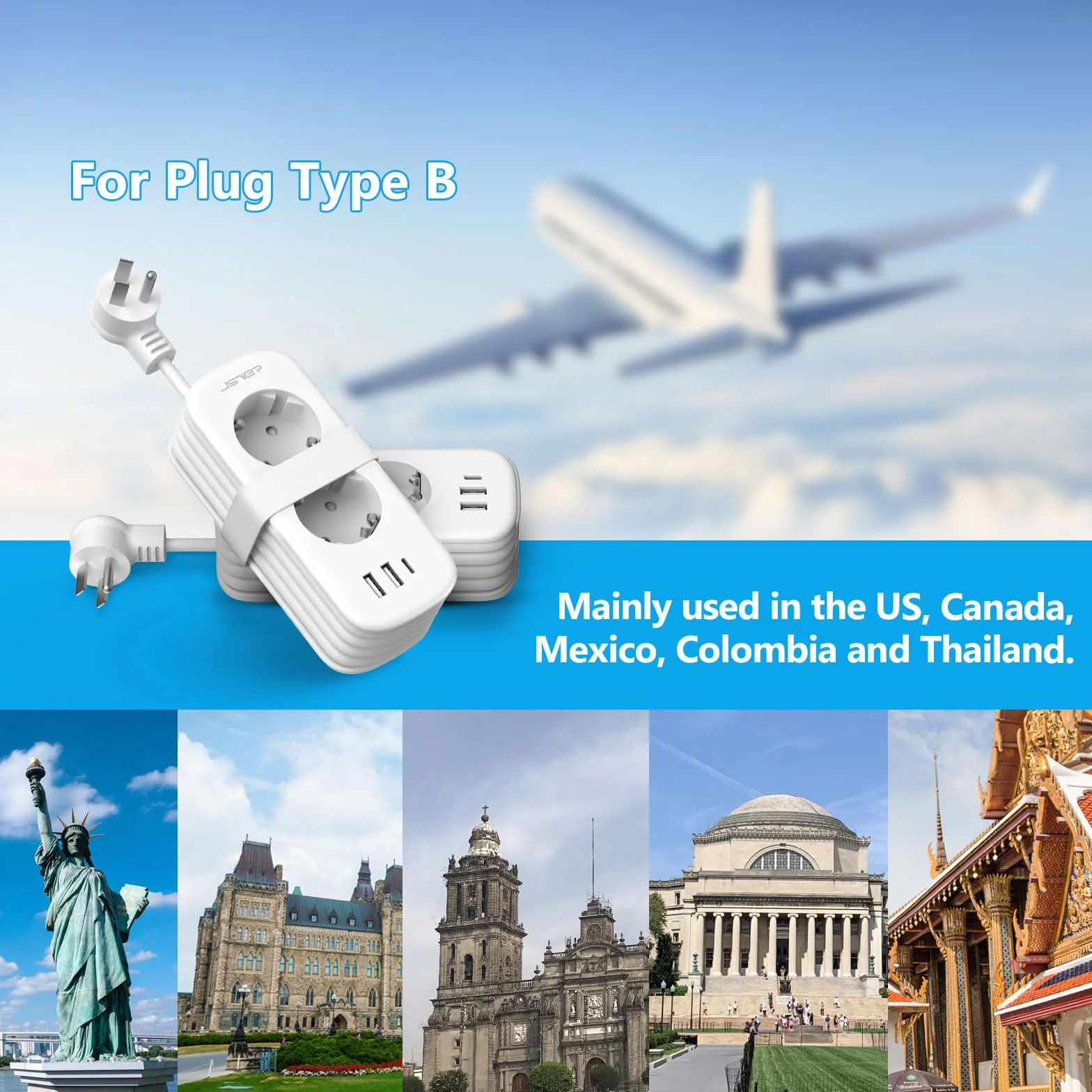 JSVER Travel Plug Adapter USA, Wiele Gniazd z 1 USB C i 2 USB A, 5 w 1 z Chowanym Przedłużaczem, Typ B dla Kanady, Ameryki, Meksyku, Tajlandii, Dominikany-1,5 m (Biały)
