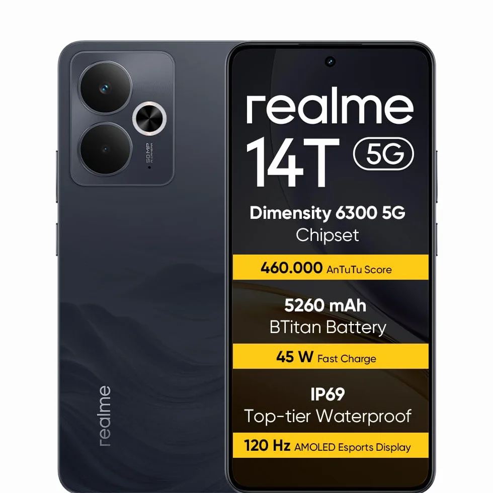 realme 14T 5G smartfon 8 + 256 GB, Procesor Dimensity 6300 5G, Tytaniczna bateria 5260 mAh, Szybkie ﾅＢdowanie 45 W, Wyﾅ孩ietlacz AMOLED Esports 120 Hz, IP69, NFC, Czarny rr(bez adaptera)