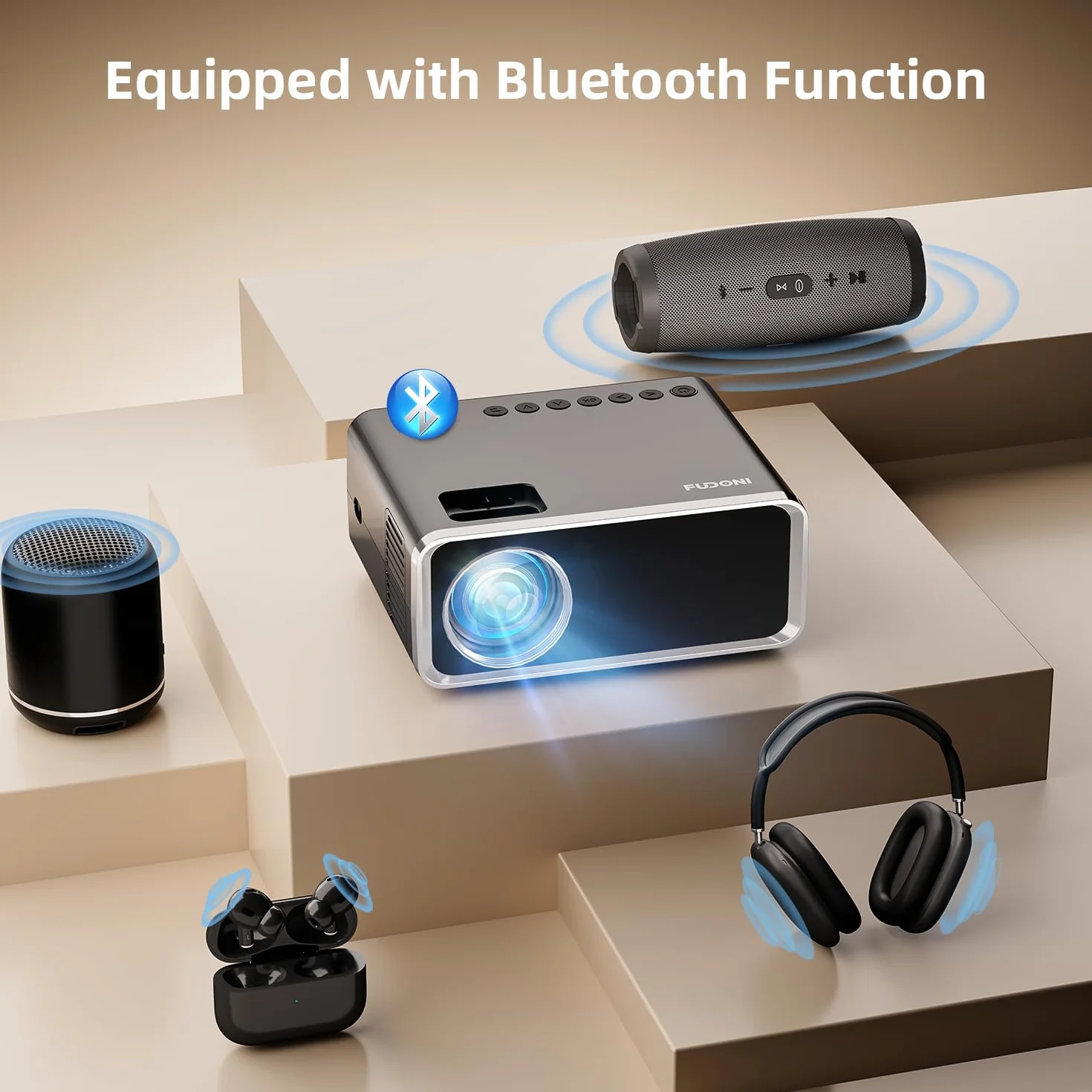 FUDONI Projektor z obsługą WiFi i Bluetooth 4K, ulepszone zewnętrzne projektory filmowe 16000 l, natywny 1080p FHD, projektor wideo do kina domowego, kompatybilny z HDMI/USB/iOS/Android/Windows/TV