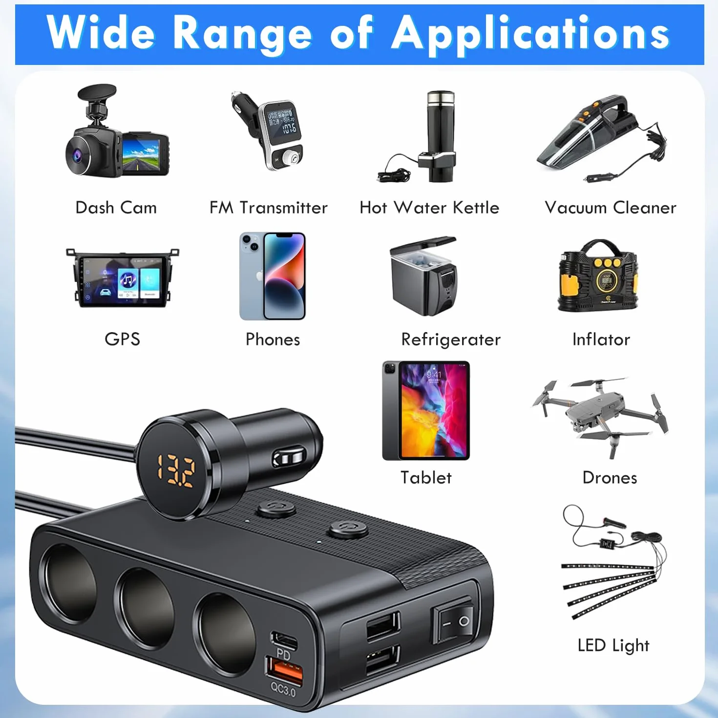 Rozdzielacz Zapalniczki Samochodowej 12V/24V, Ładowarka Samochodowa PD QC3.0 USB 127W z 3 Gniazdami i 4 Portami USB, Rozdzielacz Zapalniczki z Woltomierzem LED i Przełącznikiem
