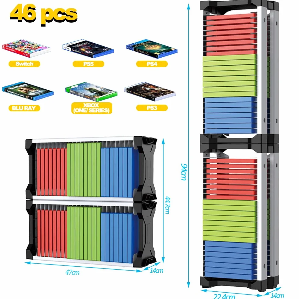 Gry Storage Tower na PS5, regał na płyty do gier wideo na PS4, Xbox Series X, Switch Games i Blu-Ray, pomieści 46 sztuk płyt do gier, łącznie z 2 uchwytami na słuchawki