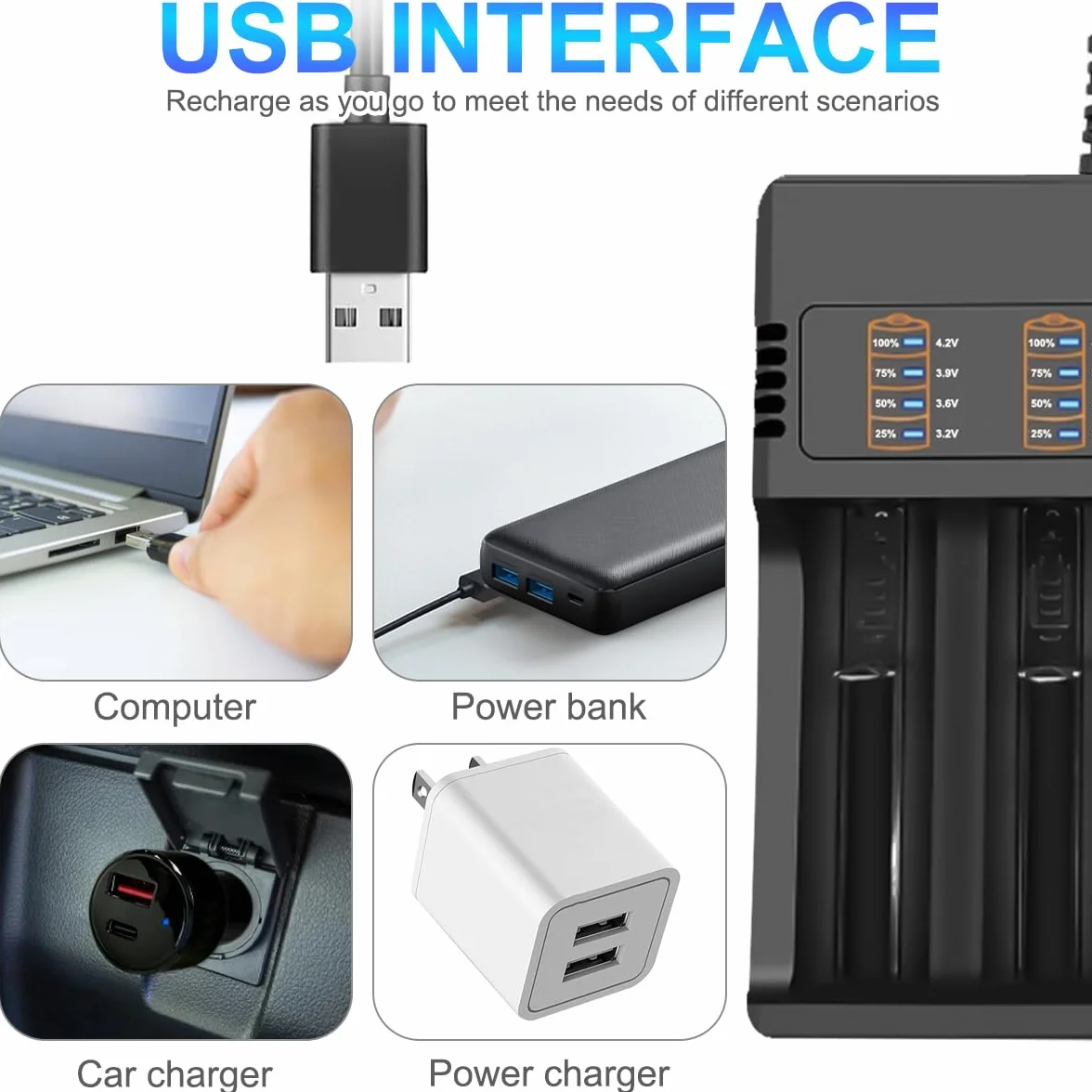18650 Ładowarka, 4 Bay Smart Universal Charger Wyświetlacz LED kompatybilny 26650 21700 18650 18490 16340 14500 10440 do 3,7 V litowo-jonowy akumulator