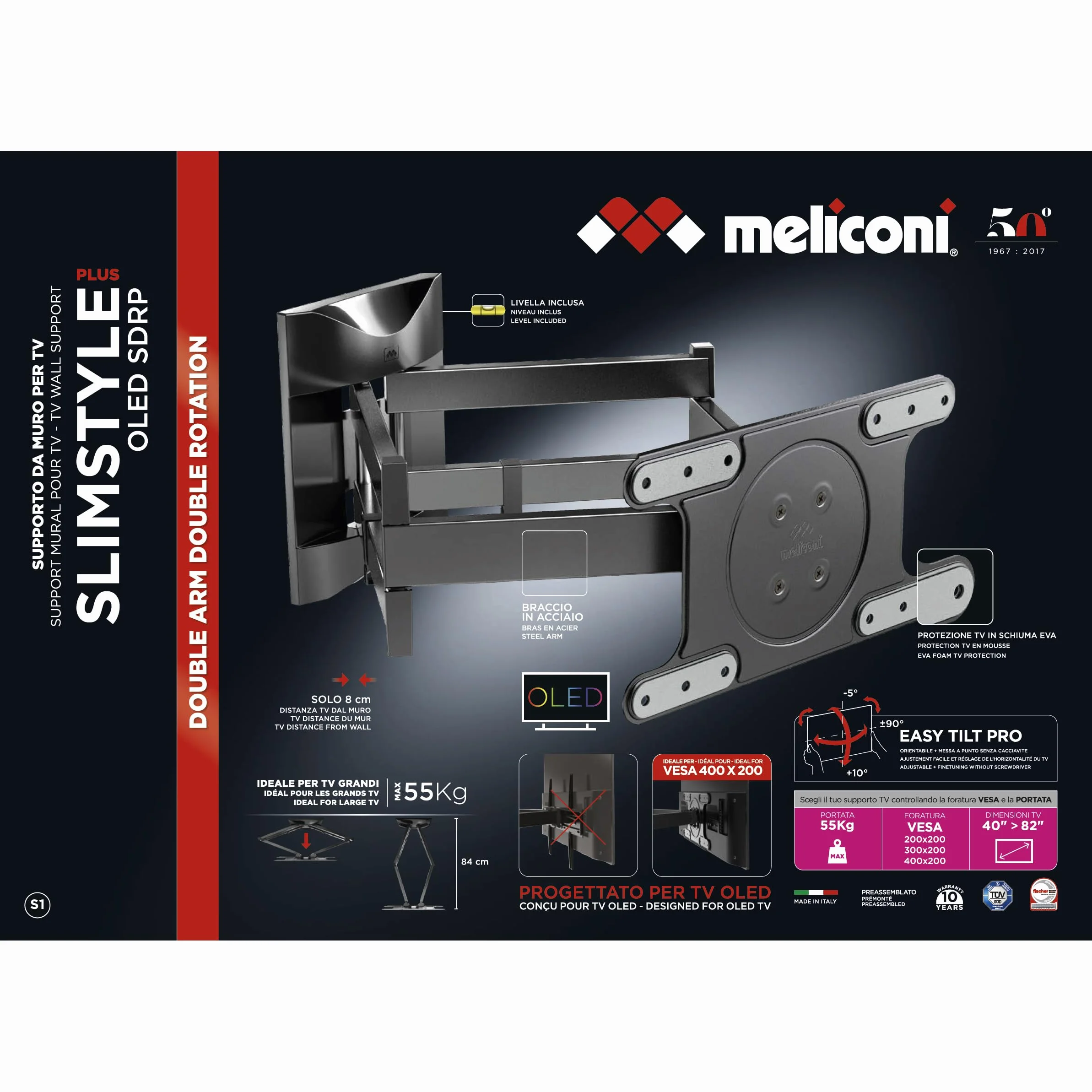 Meliconi 480870, Oled SDRP Plus, Podwójne Ramię i Podwójne Obrót Uchwyt VESA 400x200, Orientacja w poziomie i pionie, Maksymalny zasięg 55 kg, Do telewizorów OLED 40"-82" (102-208 cm), Czarny