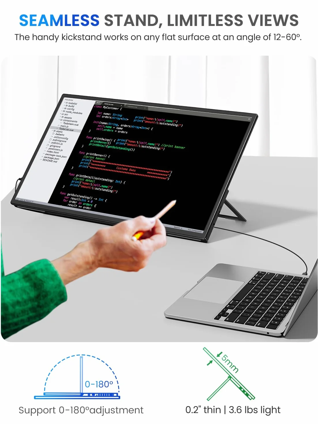 UPERFECT 54,6 cm (21,5") 120Hz QLED Monitor z ekranem dotykowym przenośny, 125% SRGB 2000:1 Wyświetlacz matowy 1080P z regulowanym uchwytem 180° USB C HDMI dla laptopa/konsoli do gier/smartfona/PC