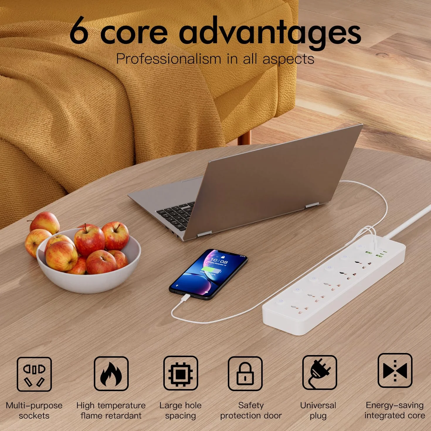 Listwa zasilająca uniwersalna z pojedynczym przełącznikiem, 5 uniwersalnych gniazd, maks. 3250 W, kabel sieciowy 1,8 m, 4 x 20 W USB-C i 2 x USB-A, listwa zasilająca z USB C, biała
