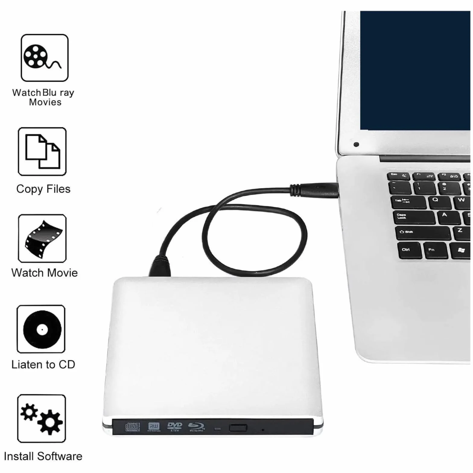 Ultracienki zewnętrzny napęd optyczny z nagrywaniem płyt Blu-Ray 4K, USB 3.0, odtwarzaniem DVD i odczytem/zapisywaniem filmów Blu-Ray 3D