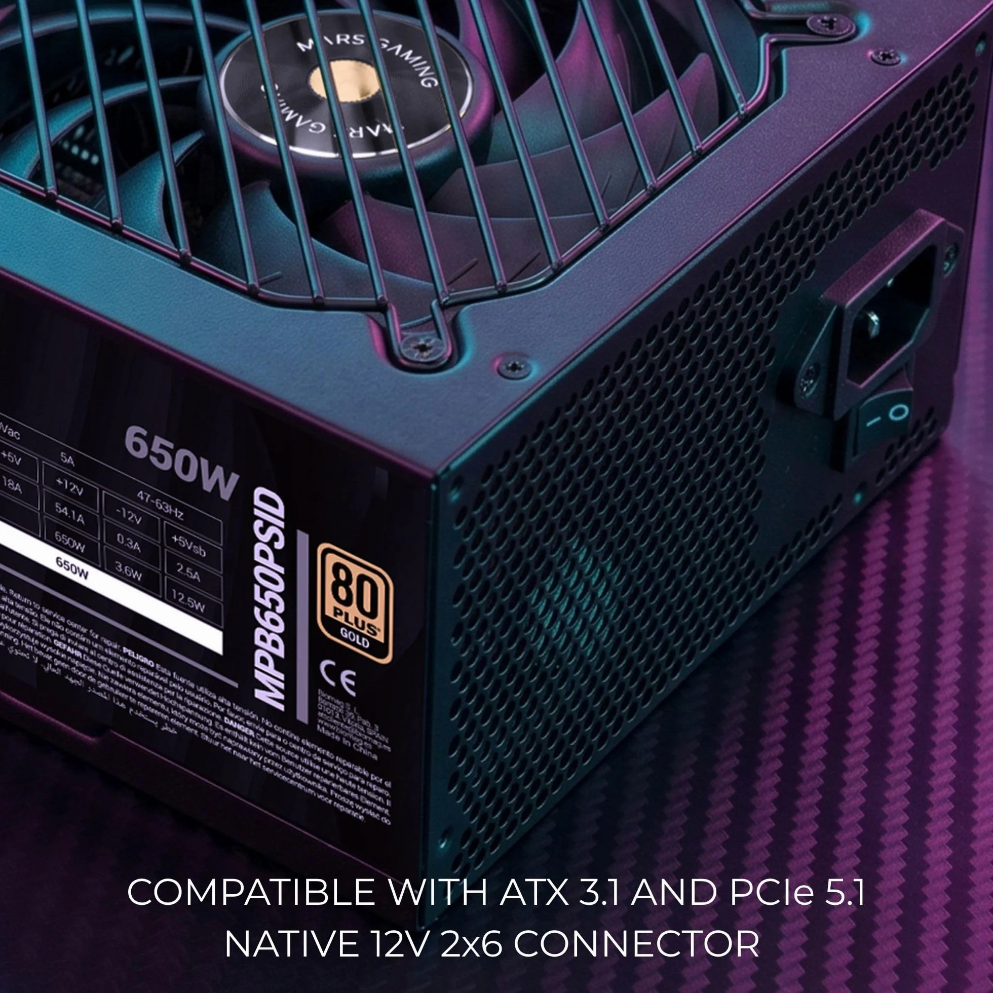 Mars Gaming MPB650PSID, Zasilacz Komputerowy 650W, 10 Lat Gwarancji, 80Plus Gold 90%, Wentylator SI Extreme Silence, Technologie AI2-RPM, DC-DC i SMD, Złącza ATX 3.1 i PCIe 5.1, Czarny