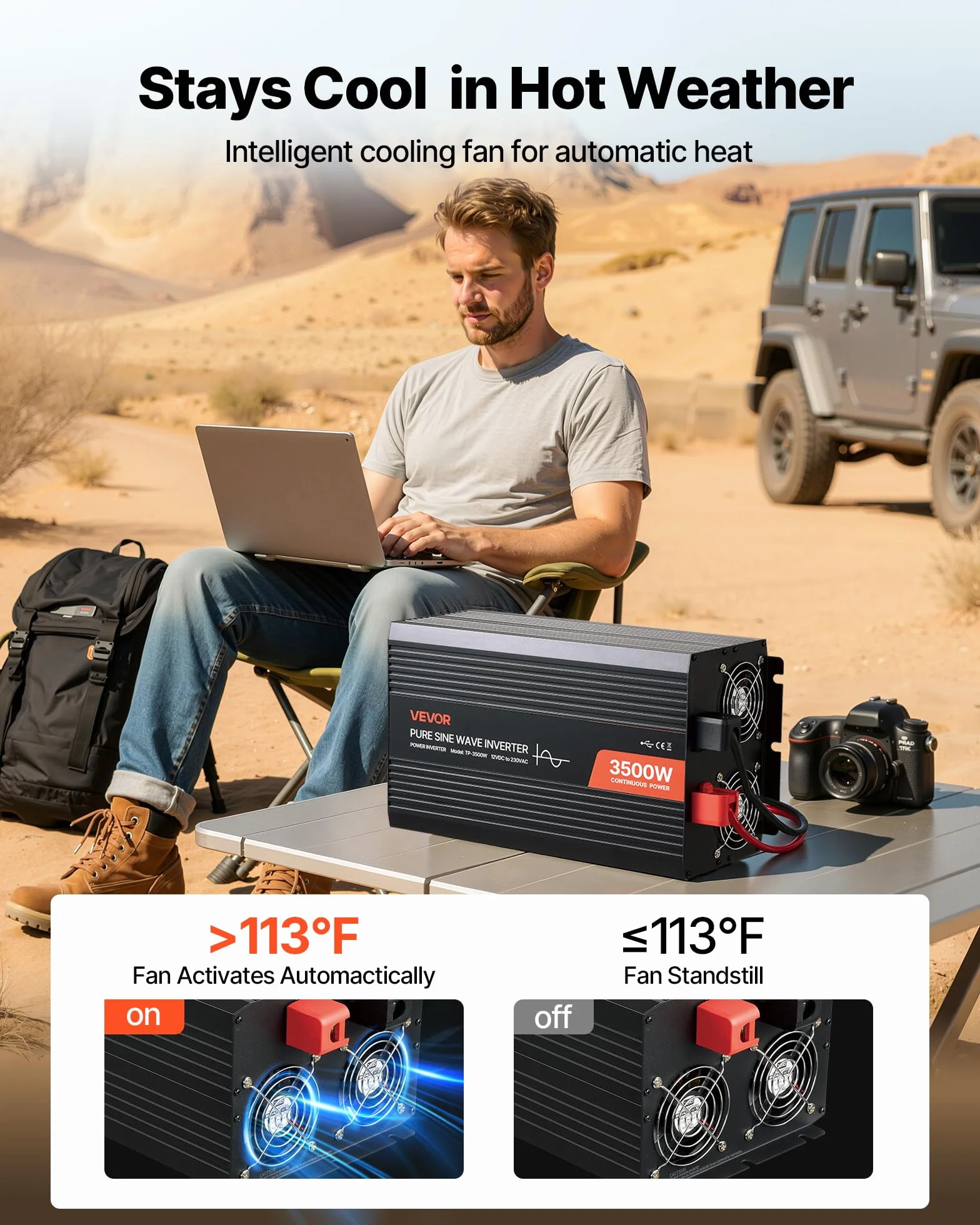 VEVOR Falownik prądu 3500 W, czysty falownik sinusoidalny 12 V DC na 230 V AC, konwerter ładowarki samochodowej z wyświetlaczem LCD, pilotem zdalnego sterowania, portami USB i typem C, gniazdami AC