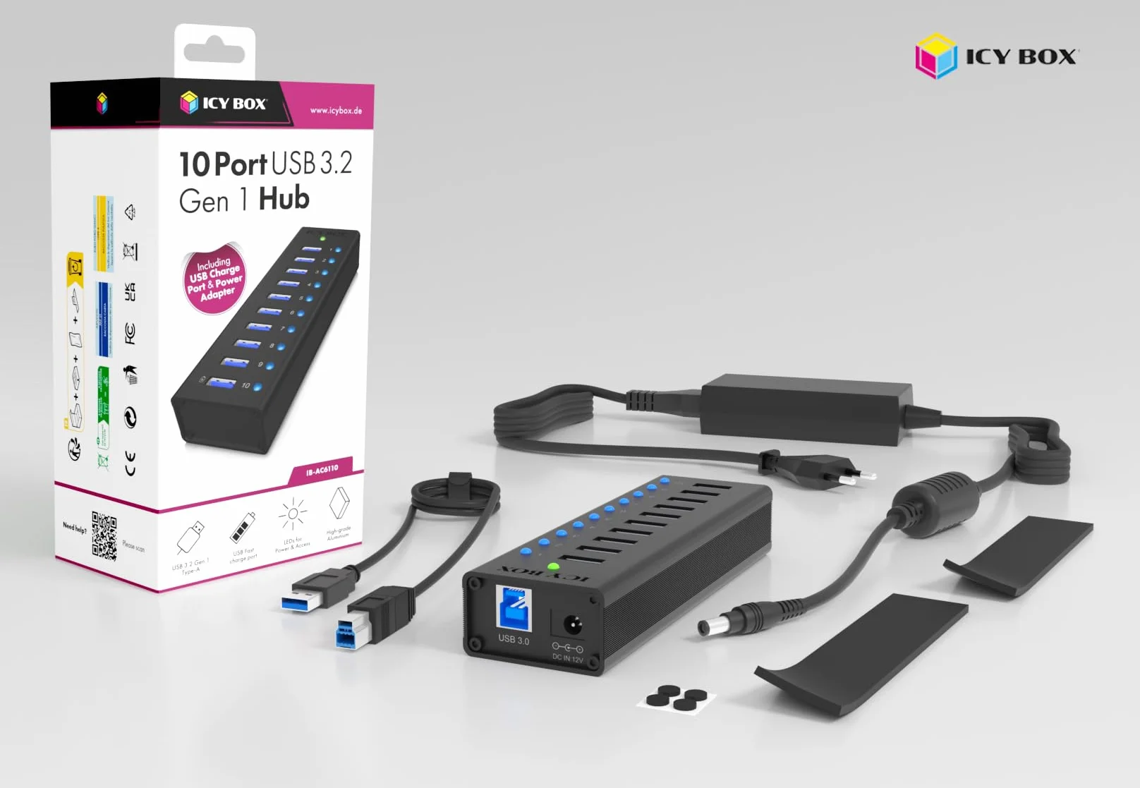 ICY BOX IB-AC6110 10-krotny koncentrator USB 3.0 z zasilaczem (12 V/4 A), port ładowania, w pełni aluminiowy, mocowanie na rzepy, czarny