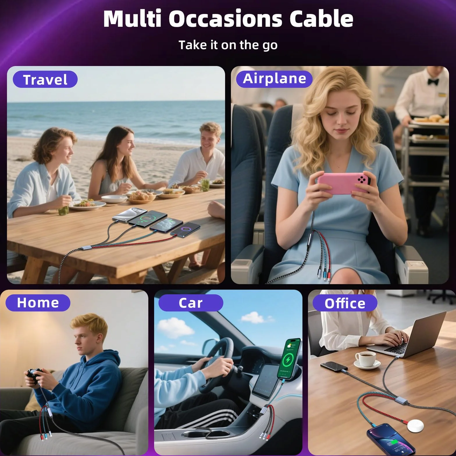 Podwójny kabel USB do ładowania z dwoma portami typu C, kable do ładowania 4 w 1 do wielu urządzeń, kabel do ładowania telefonu z portem iPhone 17/IP/Micro do iPhone'a 16-12/Androida/iPada (2 szt.)