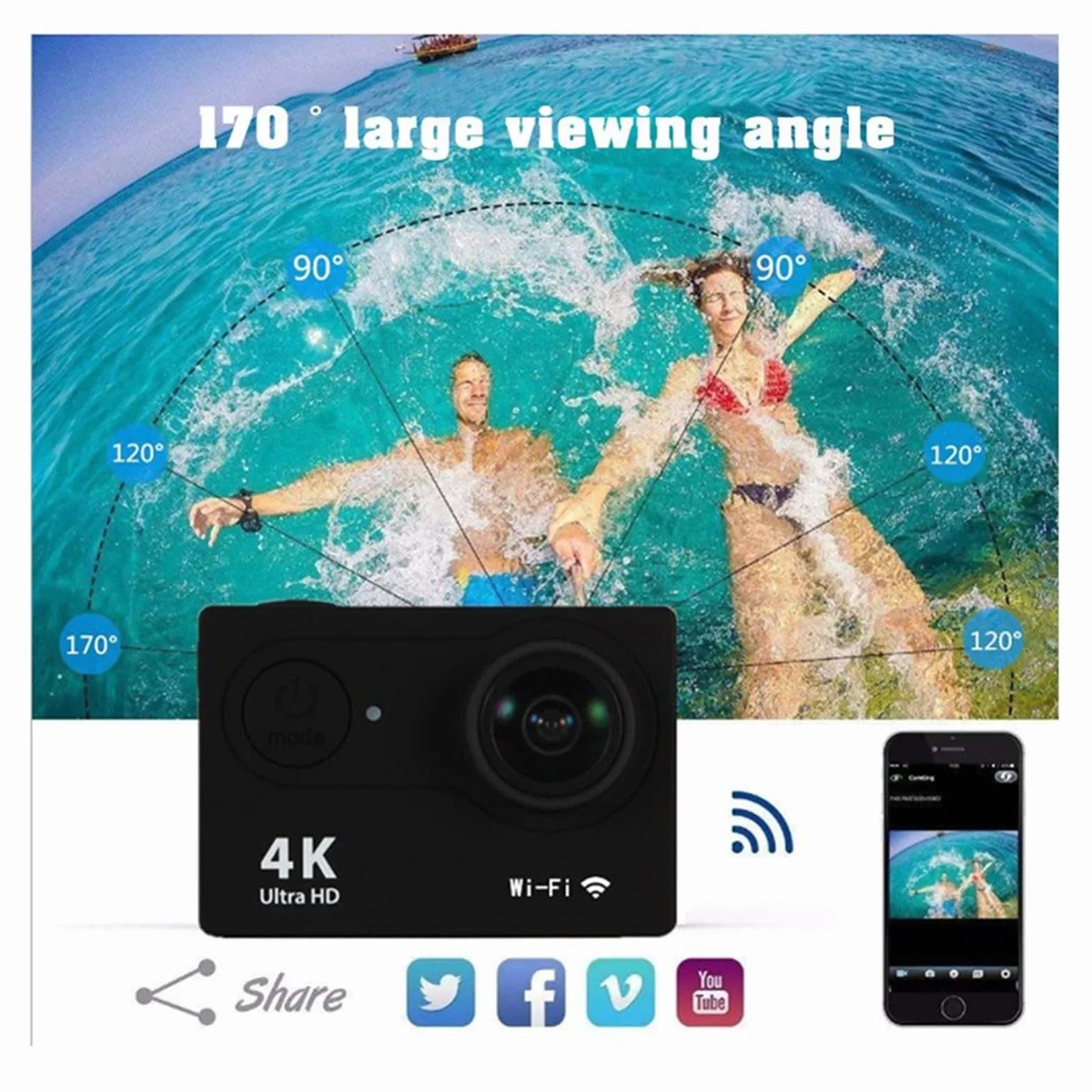 Kamera sportowa ze stabilizacją obrazu, Wodoodporna kamera akcji 4K Ultra HD 4K Kamera akcji 1080P / 30fps 2,0-calowy ekran 170D Wysoka liczba klatek na sekundę Stabilna wydajność(32G Card,Wit)