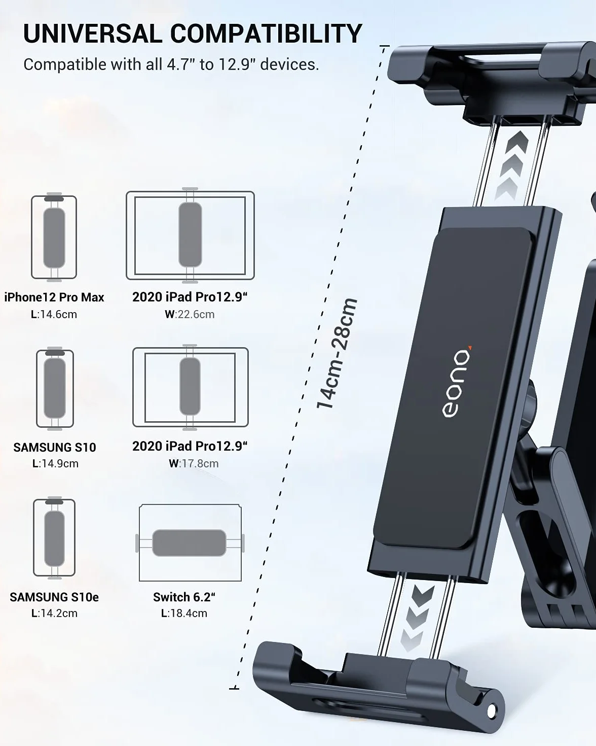 Eono Uchwyt na tablet samochodowy 360° obrót dla iPada 4-13 cali iPhone Galaxy Tab Huawei Mediapad