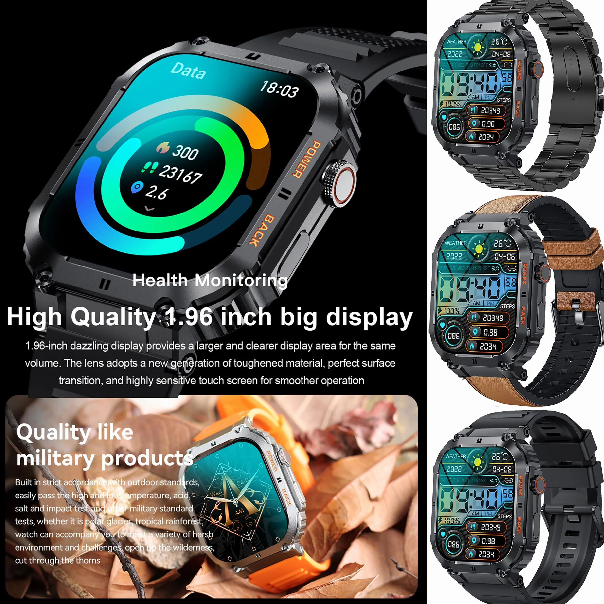 Smartwatch męski z funkcją telefonu, 1,96" HD zegarek sportowy z połączeniami telefonicznymi, zegarek fitness z monitorem tętna, monitorem snu, krokomierzem, wodoszczelność IP68, Smart Watch do