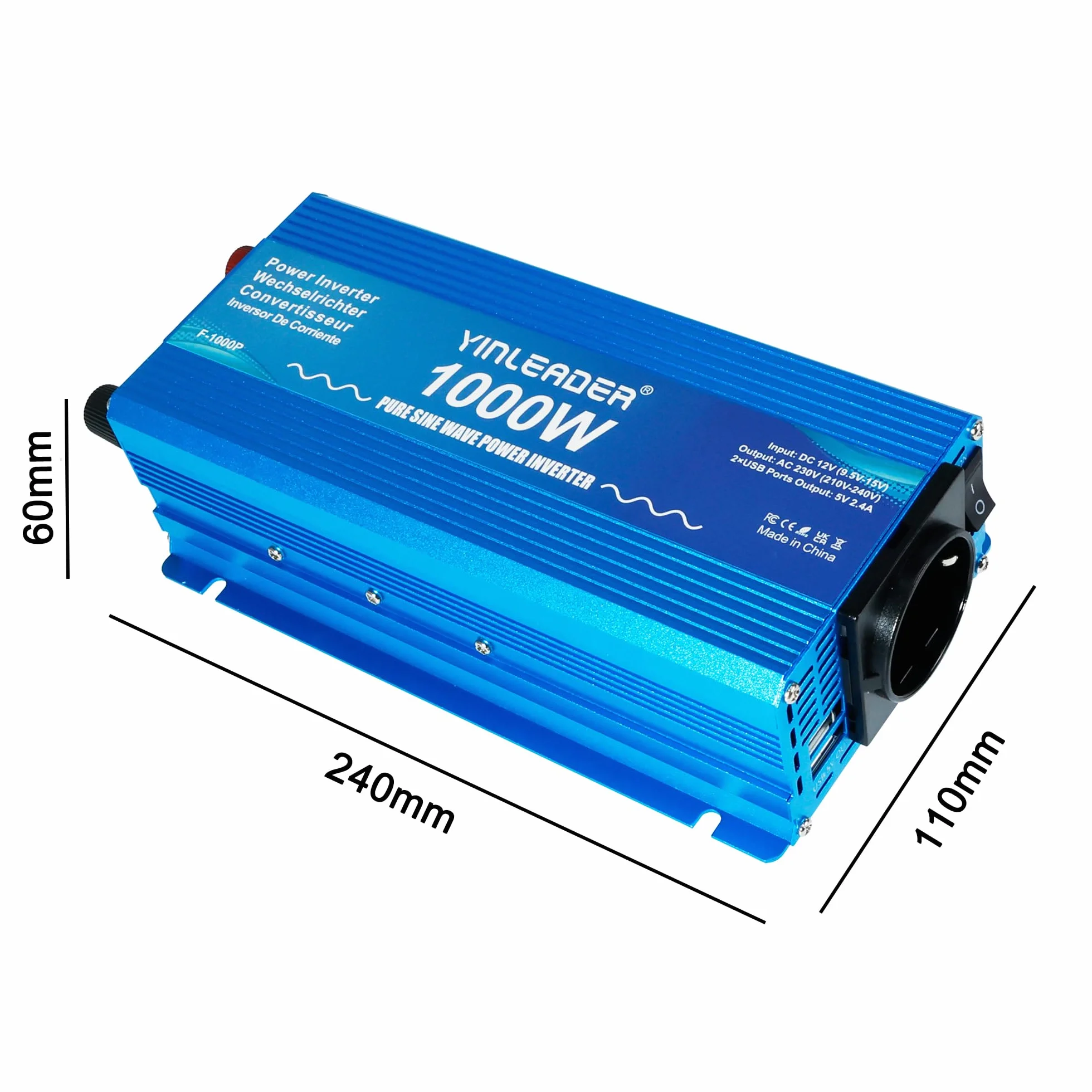 Yinleader Konwerter 1000 W, 12 V, 230 V, czysty falownik, 12 V, 220 V, przetwornica napięcia, 2 porty USB, gniazda AC, do samochodu kempingowego