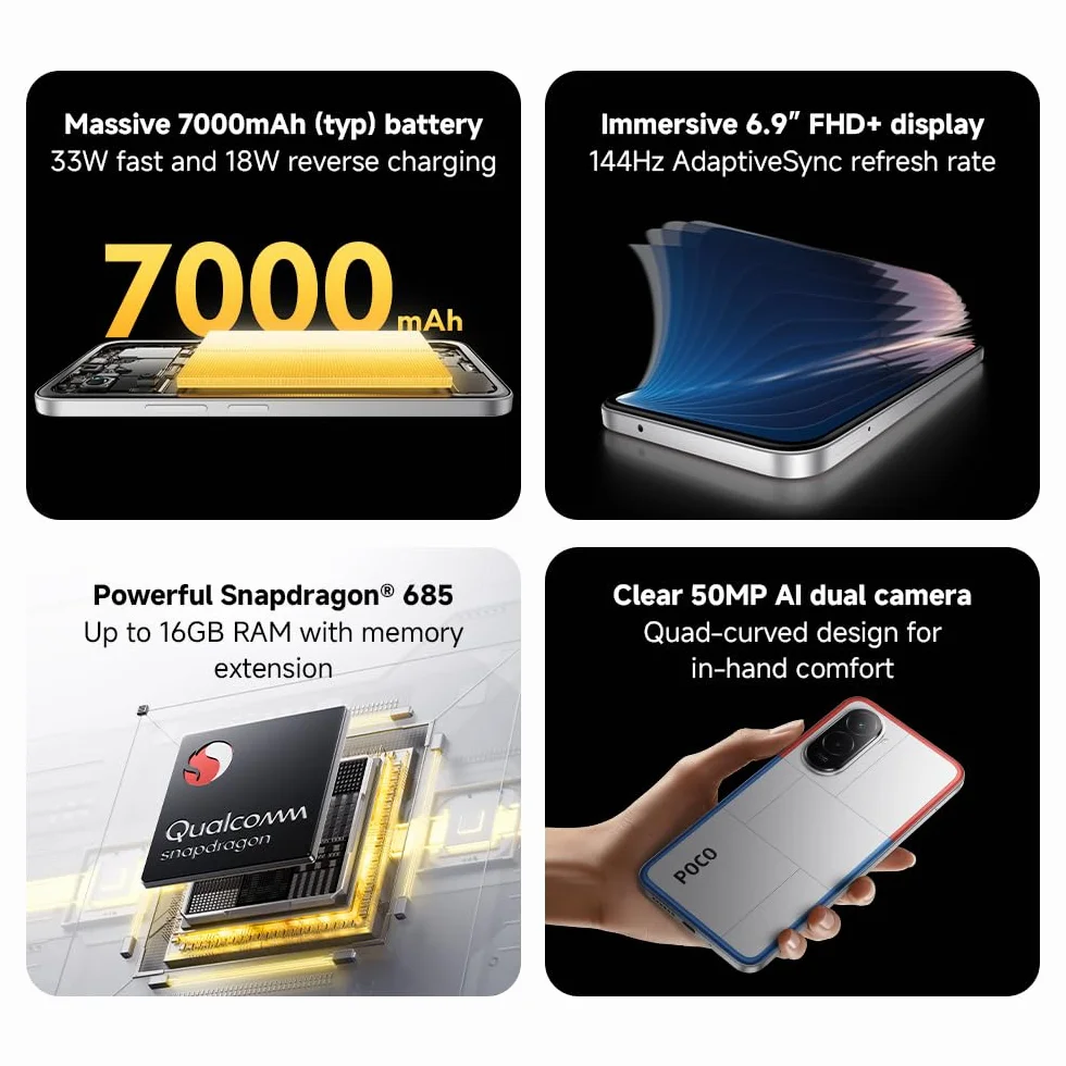 XIAOMI POCO M7 smartfon 6+128 GB, podwójny aparat 50 MP z AI, 16,9 cala FHD+, Snapdragon 685, szybkie ładowanie 33 W i odwracalne 18 W, ładowarka nie jest dołączona, srebrna (Wersja ES)