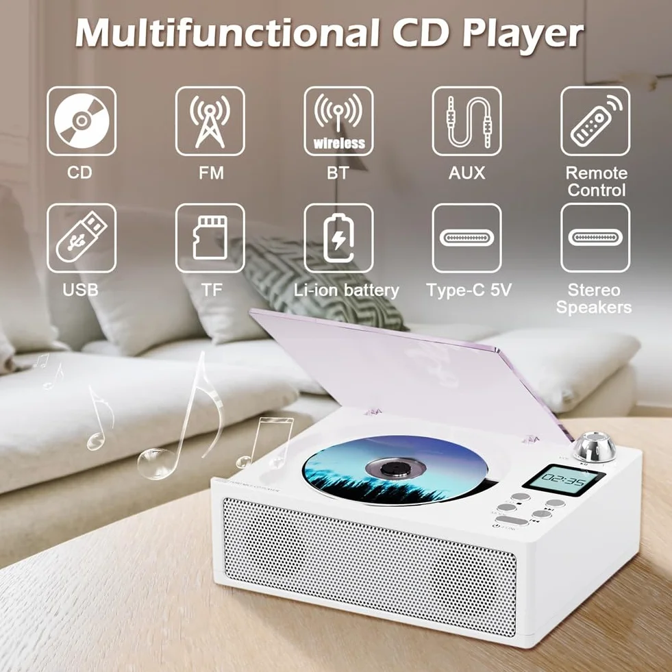 Hifi jakość dźwięku podwójny głośnik przenośny Bluetooth retro odtwarzacz CD Clayer, obsługuje kartę USB/TF / FM biały