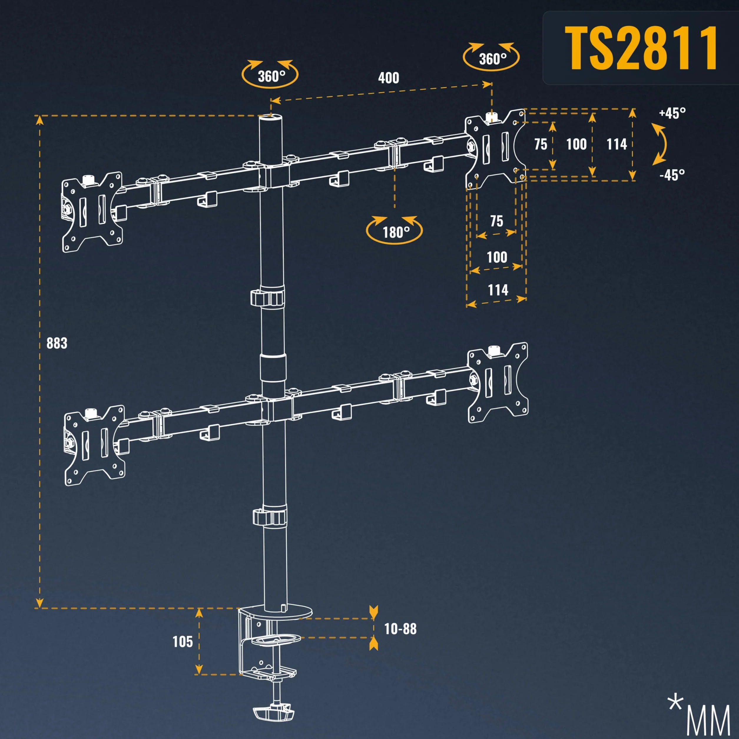 RICOO Uchwyt do monitora, uchwyt do monitora o przekątnej ekranu 13-27 cali, uchwyt na 4 monitory, uchwyt na ekran TS2811, ramię monitora, uchwyt na ekran VESA, stojak na monitor, uchwyt na monitor