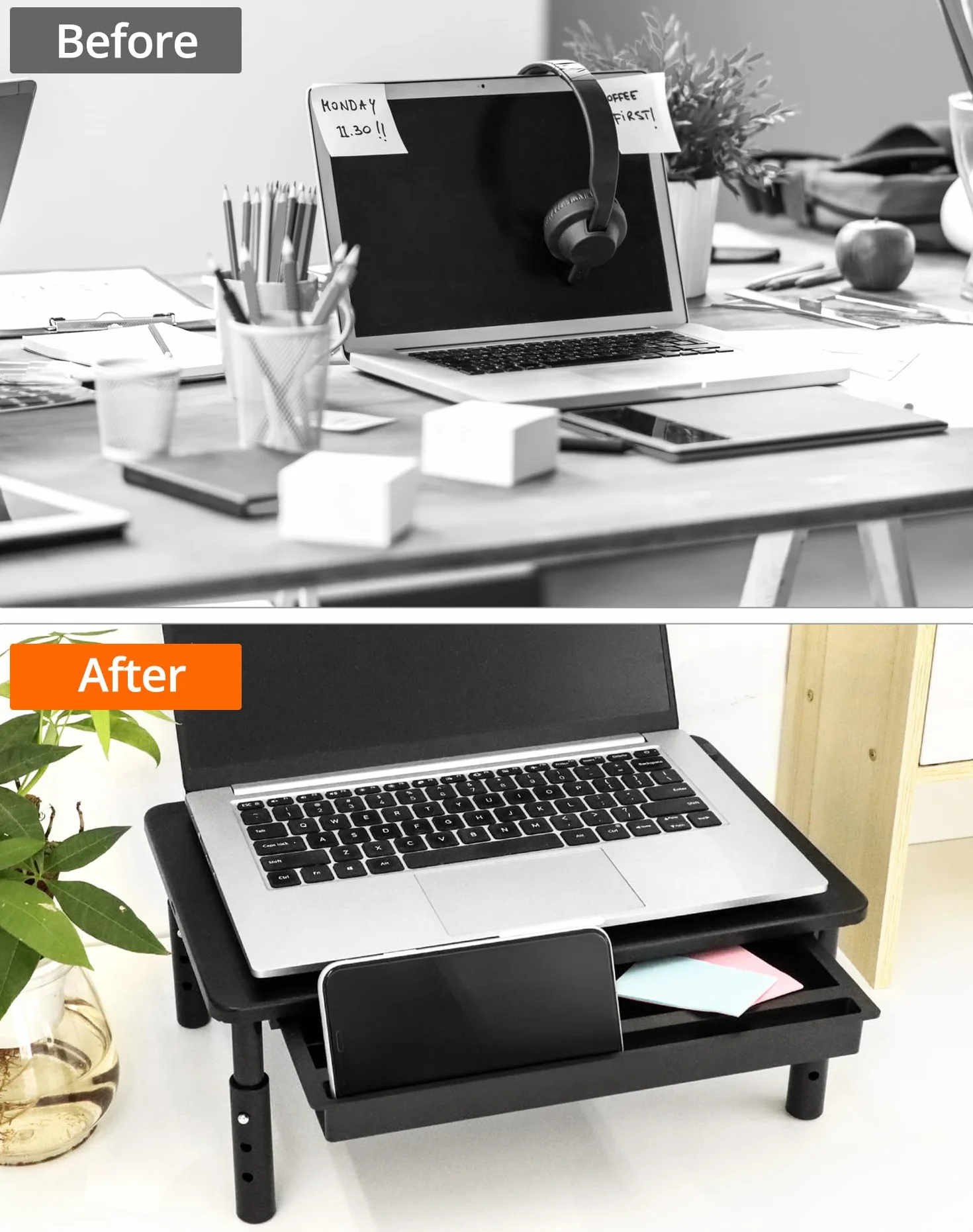 QWORK® Stojak pod monitor z szufladą, 3 poziomy regulacji, nośność 20 kg, do monitora komputera PC, laptopa, projektora, 37x23cm