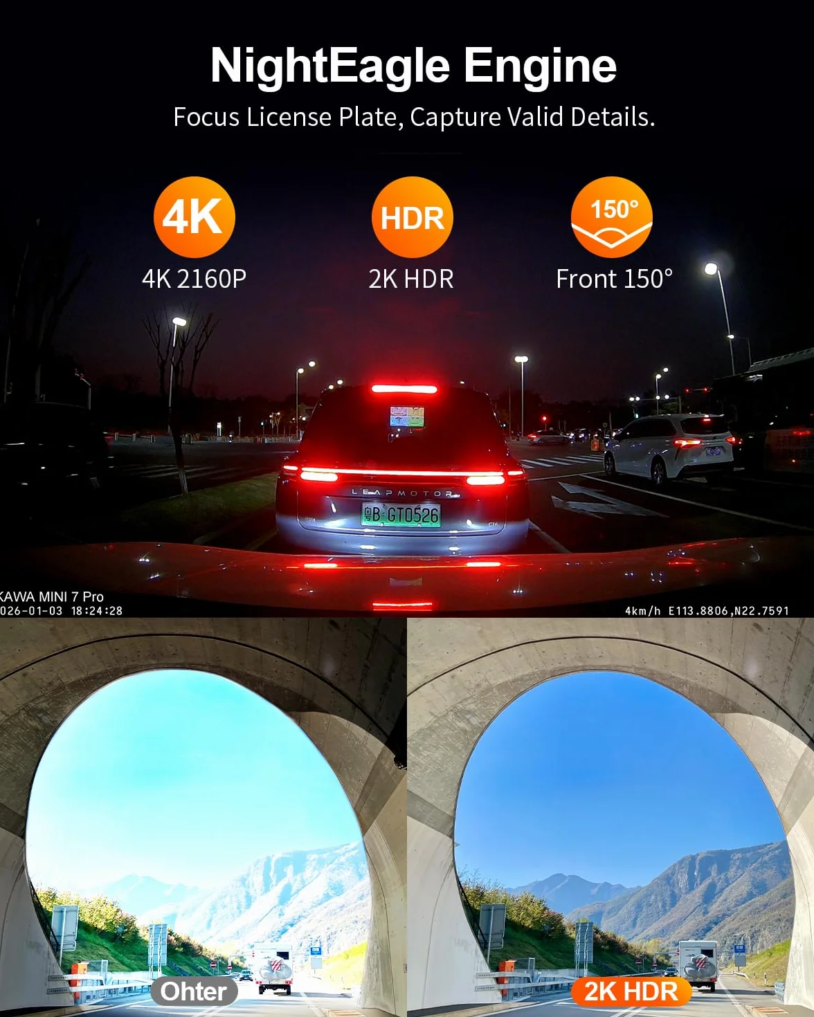 KAWA 4K Mini Kamera Samochodowa z Ukrytym Wyświetlaczem, GPS i WiFi 6 | 2K HDR, Widzenie Nocne, APP, G-Sensor, Nagrywanie Pętla, 24/7 Park, 256GB