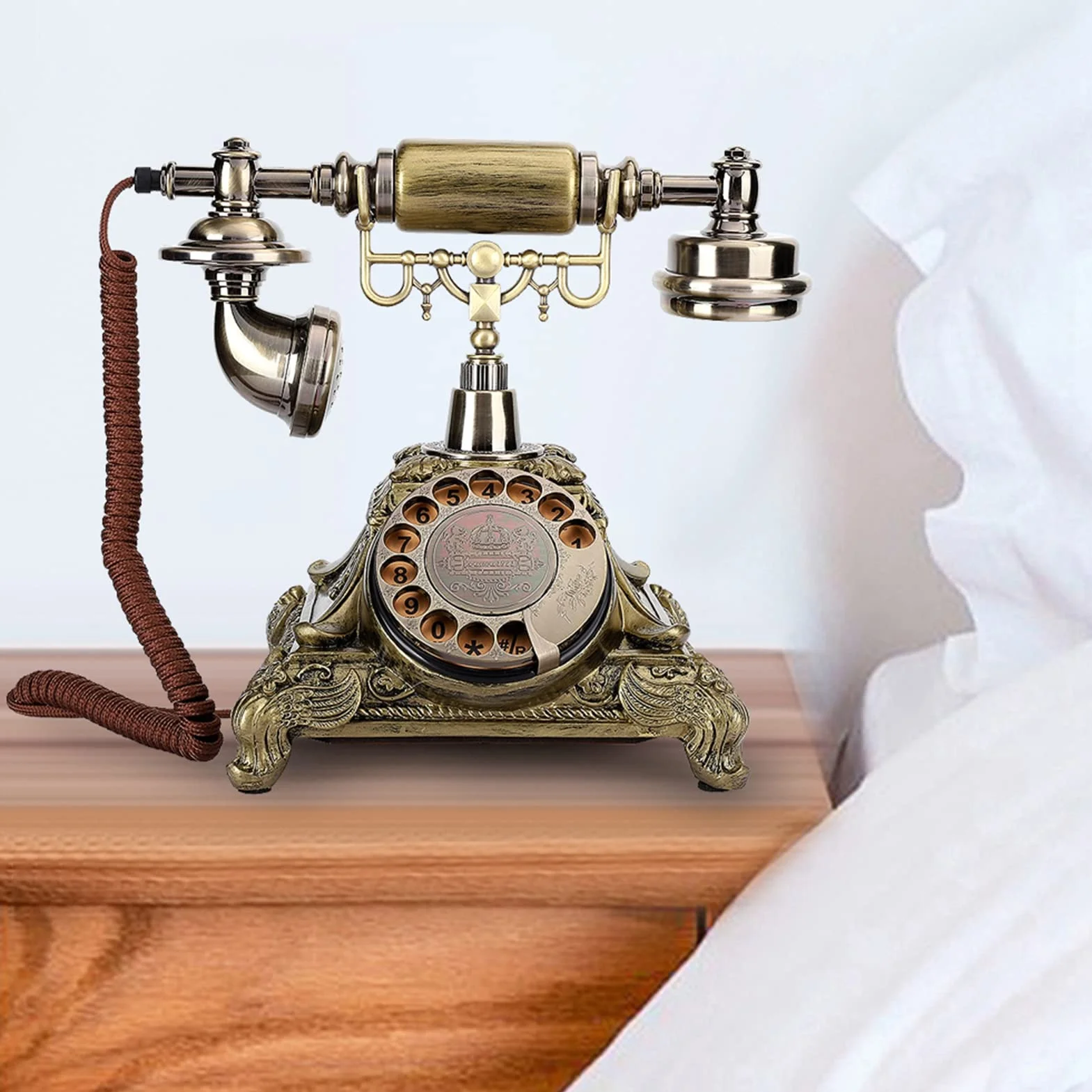 Przewodowy Telefon Stacjonarny - Staroświecki Zabytkowy z Antykami, Klasyczna Europejska Tarcza Obrotowa Retro do Wystroju Biura Domowego