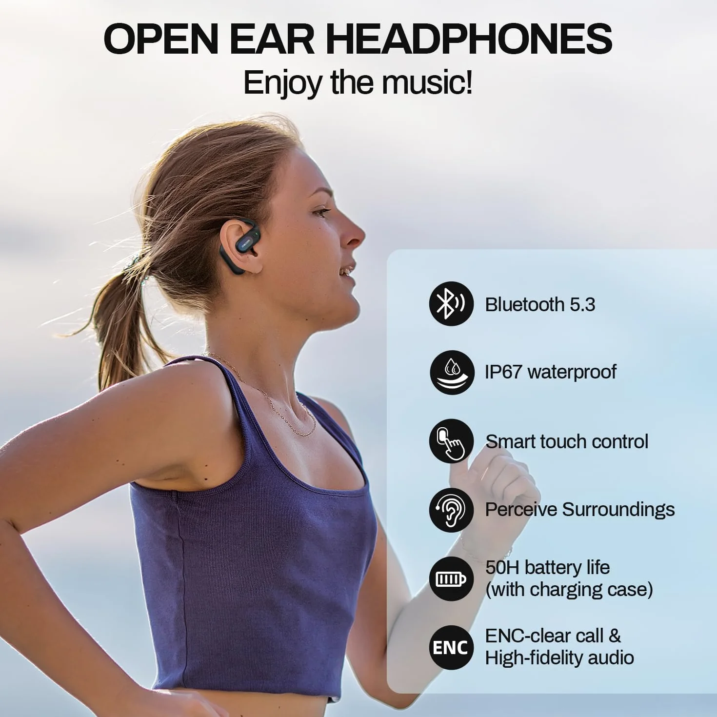 DACOM G136 Open Ear słuchawki Bluetooth 5.3, bezprzewodowe słuchawki sportowe, certyfikat MFI IP67, czas odtwarzania 24 godziny, fizyczne przyciski, rower, bieganie, fitness, funkcja regulacji