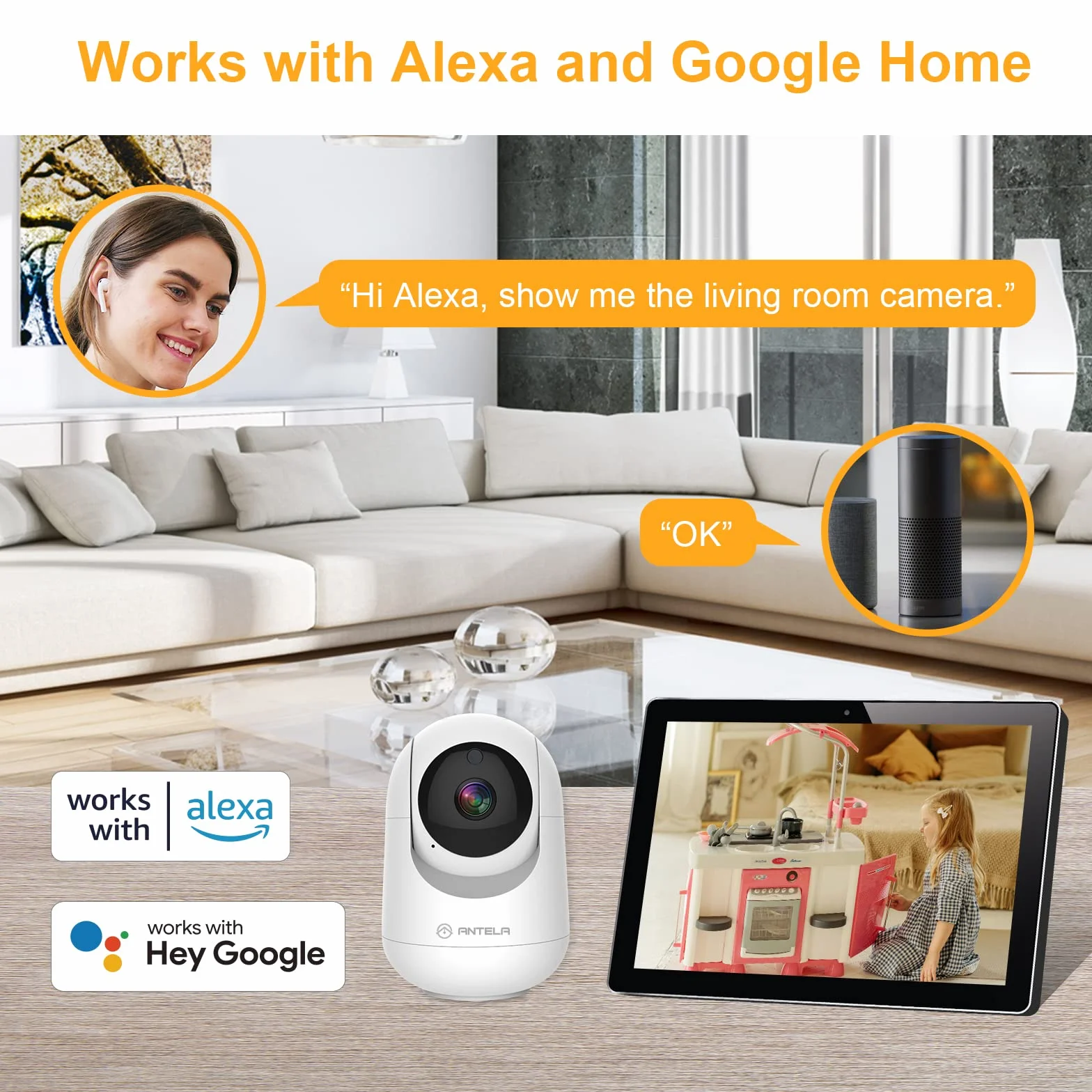 ANTELA Kamera Wi-Fi IP 1080p, kamera do monitoringu, do wnętrz, 2,4/5 GHz, Wi-Fi, 355°/80°, dwukierunkowe audio, widoczność w nocy na podczerwień i wykrywanie ruchu, kompatybilna z Alexa/Google Home, 2 szt