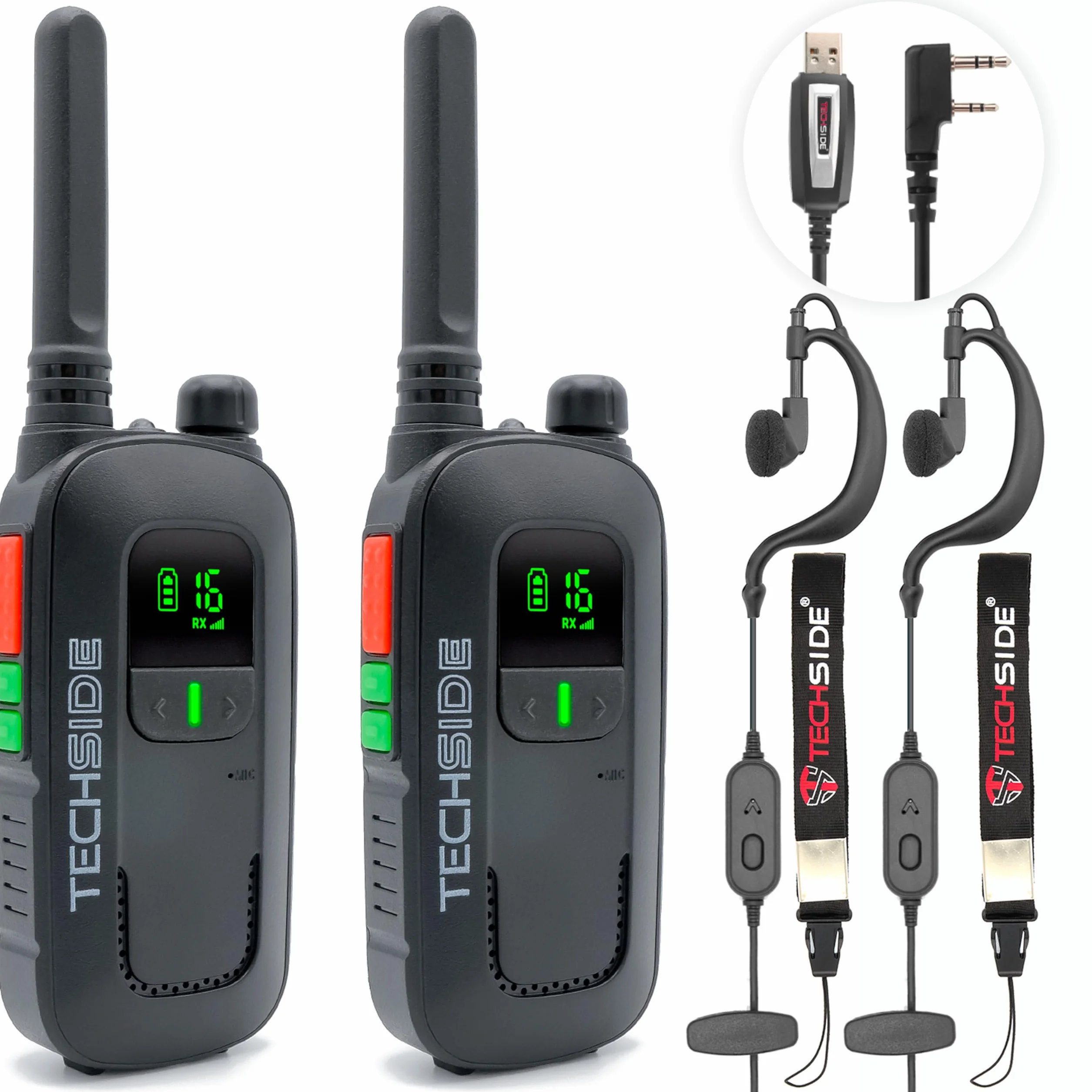 Techside TS-T2 Profesjonalna Krótkofalówka Walkie Talkie PMR446 16 Kanałów (Bez Zezwoleń) | VOX 5 Poziomów | Auto Skan Kanałów | Słuchawka i Ładowarka USB Pełny Zestaw | Zestaw 2 szt.