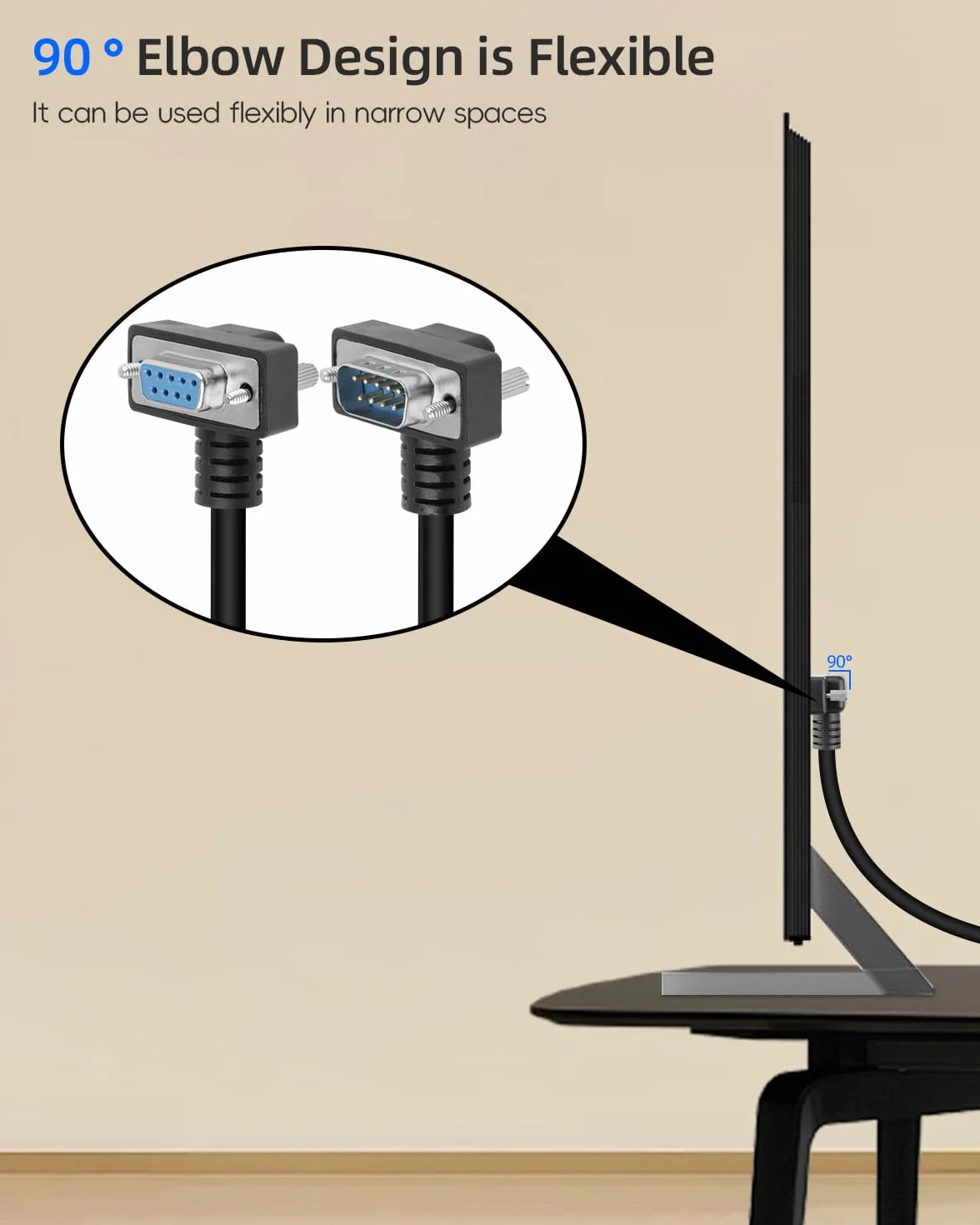 9-pinowy przedłużacz męski do żeńskiego DB9 90 stopni, kabel szeregowy RS232 do dostępu do danych (0,5 M)