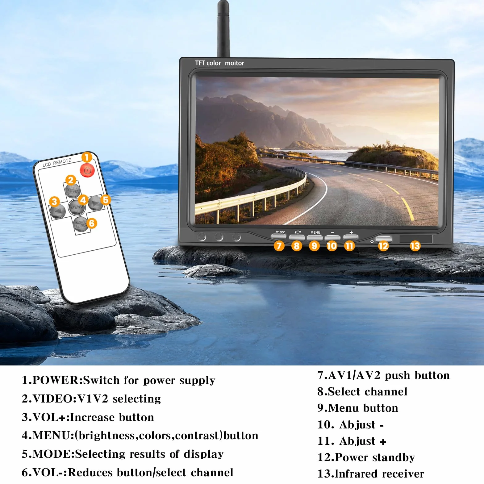 Inefala Zestaw cyfrowych bezprzewodowych kamer cofania z 7-calowym HD 1080P monitorem i 2 kamerami cofania, bezprzewodowa kamera cofania z funkcją radiową z wodoodpornością IP68, widzenie w nocy dla