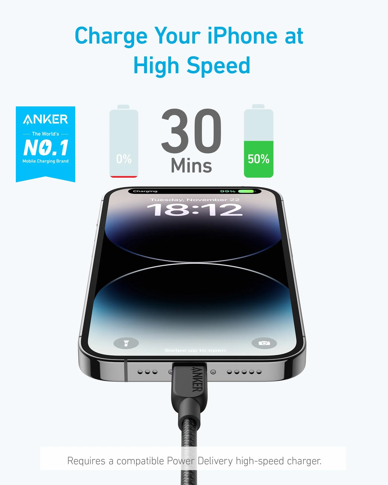 Kabel Anker USB C Lightning, 310 USB C na Lightning 180 cm, certyfikat MFi, kabel szybkiego ładowania do iPhone 14/13/12/11 serii (ładowarka nie jest w zestawie)