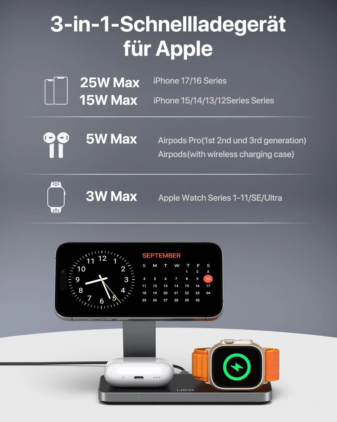Stacja ładująca 3 w 1 z Qi2.2, 25 W, stacja ładująca Apple Watch i iPhone, kompatybilna z ładowarką bezprzewodową Magsafe do ładowania iPhone 17, 16, 15, 14, 13/12, AirPods, Apple Watch, w zestawie