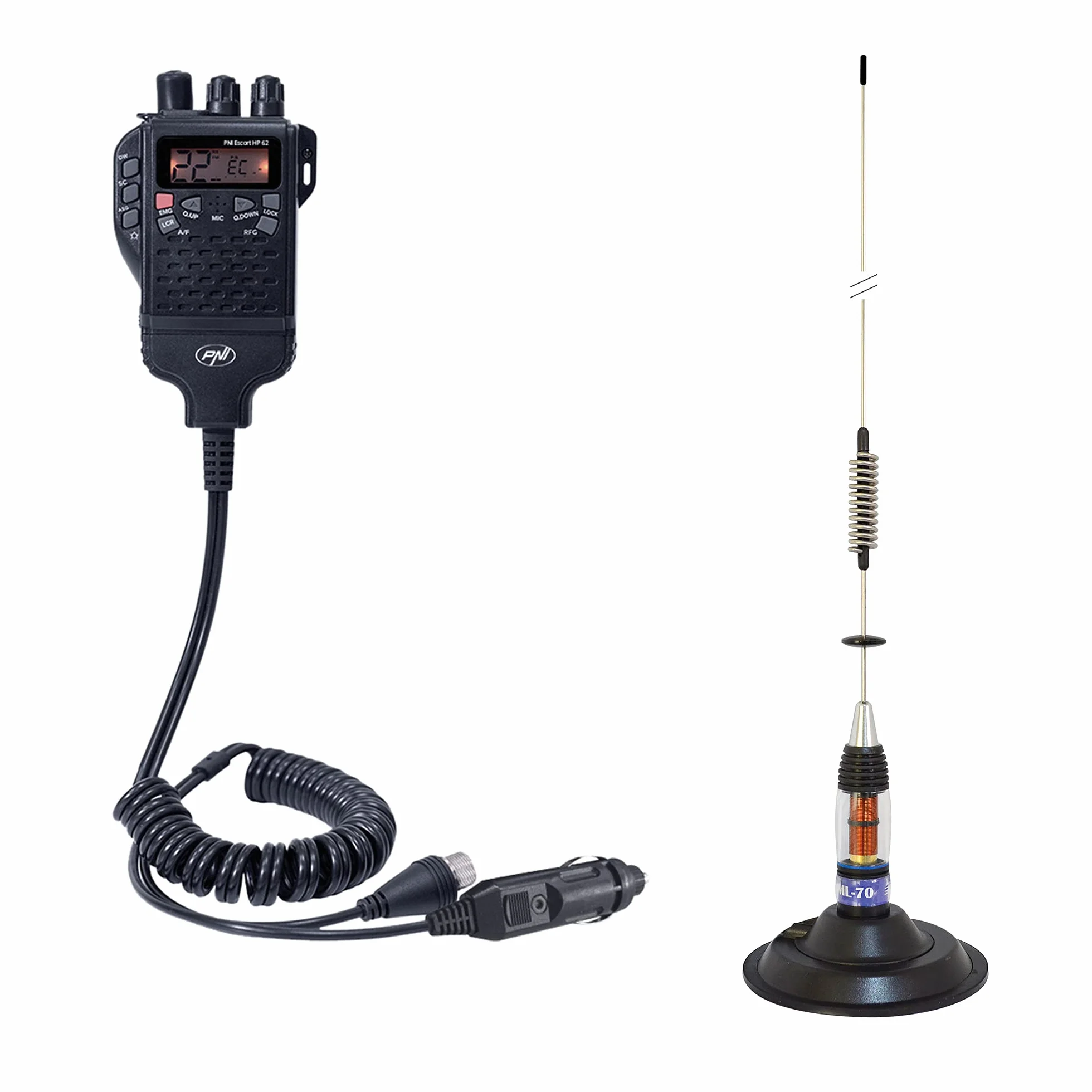 Zestaw stacji radiowej CB PNI Escort HP 62, ASQ, wzmocnienie RF i antena CB PNI ML70 z podstawą magnetyczną 145 mm w zestawie