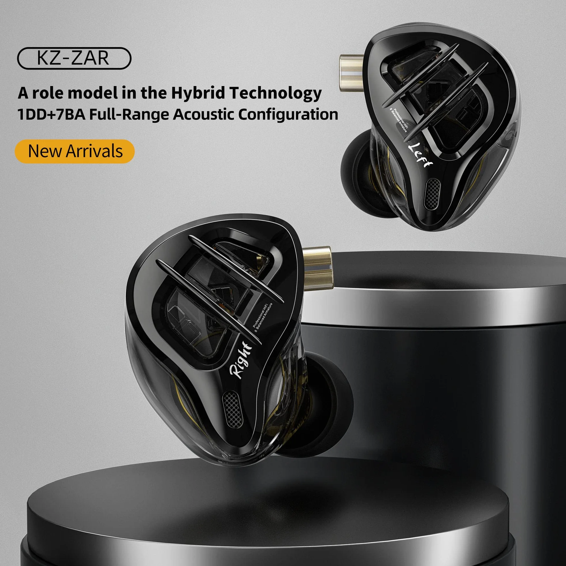 KZ-ZAR 1DD+7BA Słuchawki HiFi, przewodowe, 8-żyłowy srebrny przewód, wtyczka 2-pinowa konstrukcja, doświadcz pełnego zakresu dźwięku, niskie wibracje i wysoka jakość dźwięku, styl zaczepu na uszy
