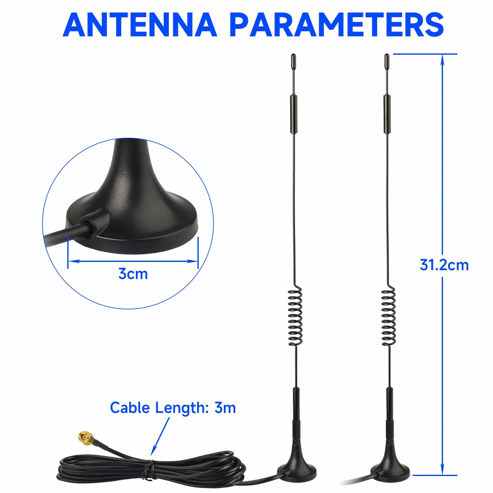 Superbat Antena zewnętrzna 4G LTE wielokierunkowa z magnetyczną podstawą i wysokim wzmocnieniem z kablem przedłużającym 3 m z męskim złączem SMA kompatybilna z routerem i modemem (2 sztuki)