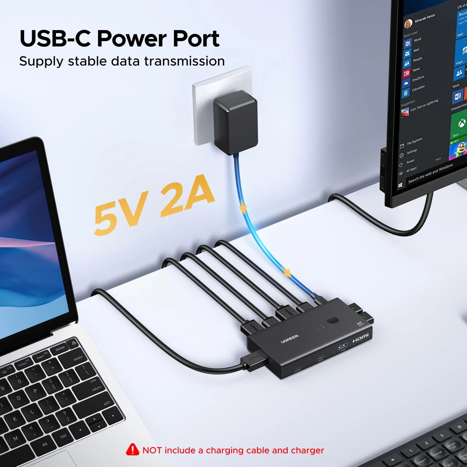 UGREEN Przełącznik KVM HDMI 2.0 2 komputery 1 monitor 4K@60Hz z 4 portami USB 3.0 (3*USB A+ USB C) Przełączanie klawiatury i kontrolera pulpitu Kompatybilny z systemami Windows/Linux/MacOS