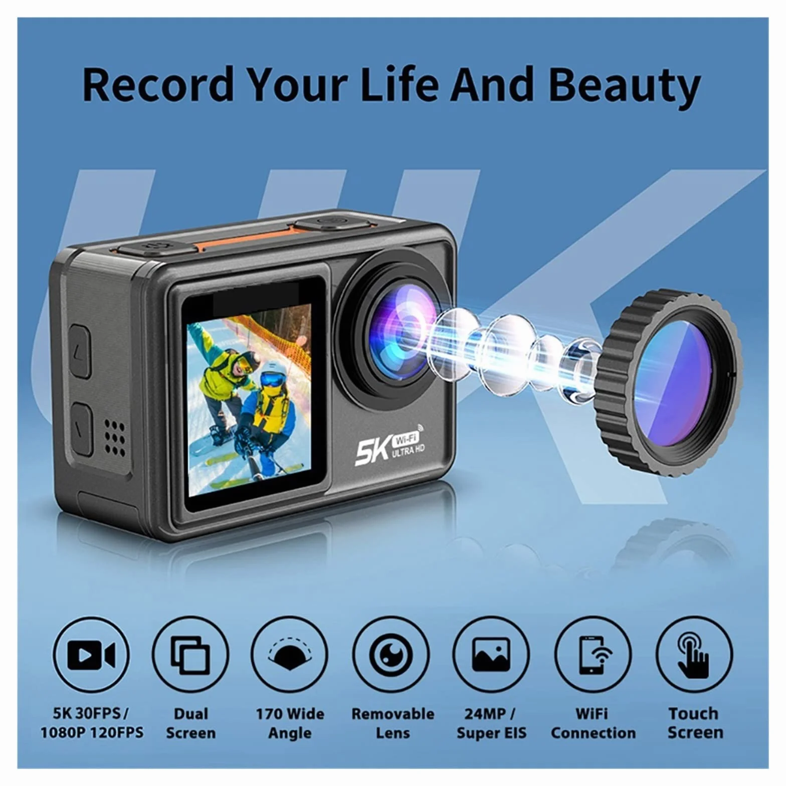 Kamera akcji, Kamera akcji S81ER 4K 60FPS EIS wideo z opcjonalnym filtrem obiektywu 24MP Zoom 1080P kamera internetowa Vlog kamera sportowa z pilotem Płynna stabilizacja(4,4K Camera Add 6 Lens)