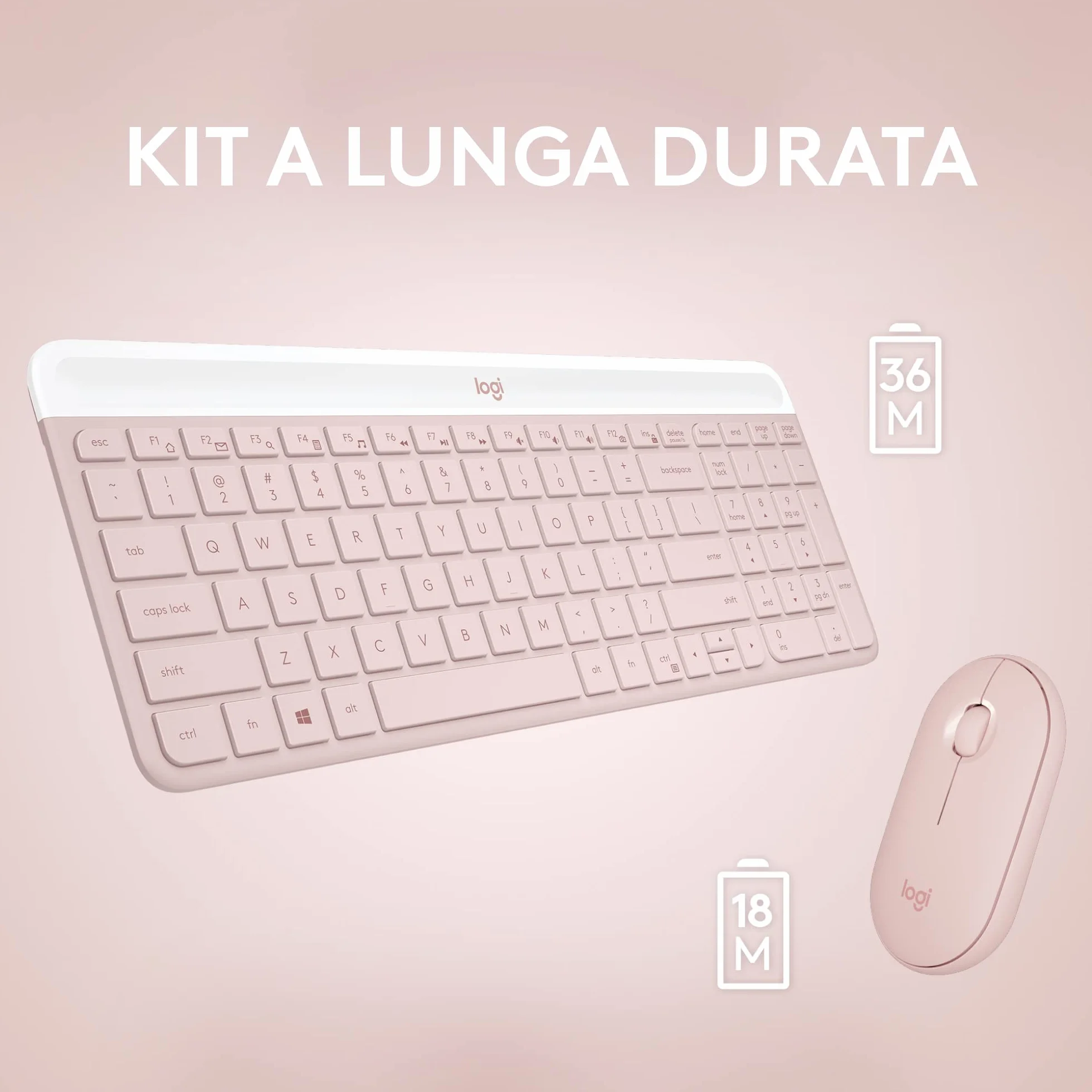 Logitech Klawiatura i Mysz Bezprzewodowa, MK470, Kompaktowy Układ Klawiszy, Cicha, Odbiornik USB 2,4 GHz, Plug n' Play, QWERTY Układ Włoski, Różowy