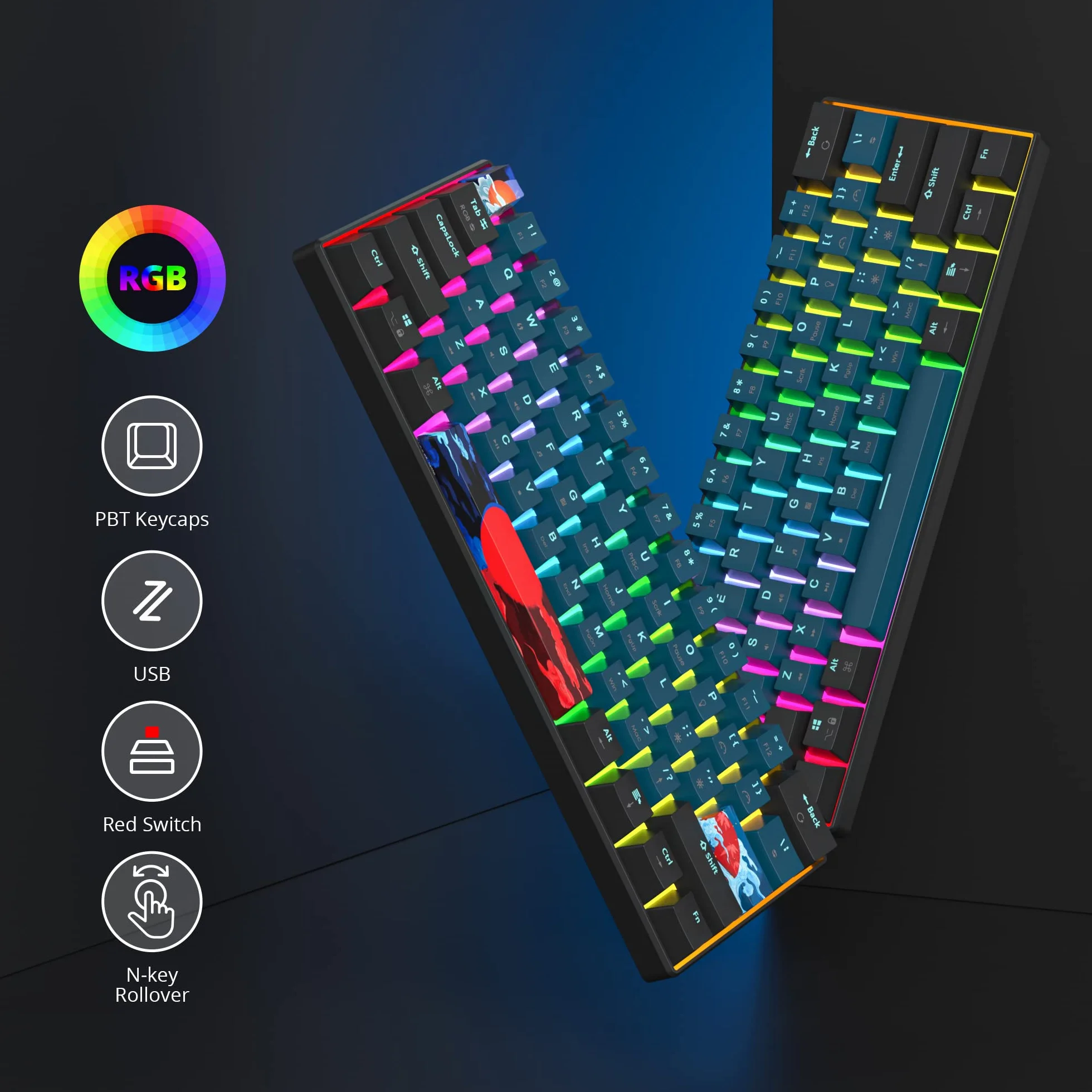 Przewodowa klawiatura mechaniczna RGB 61 klawiszy 60% z podświetleniem PBT z liniowymi czerwonymi przełącznikami dla graczy z systemem Windows PC (61 Monstor)
