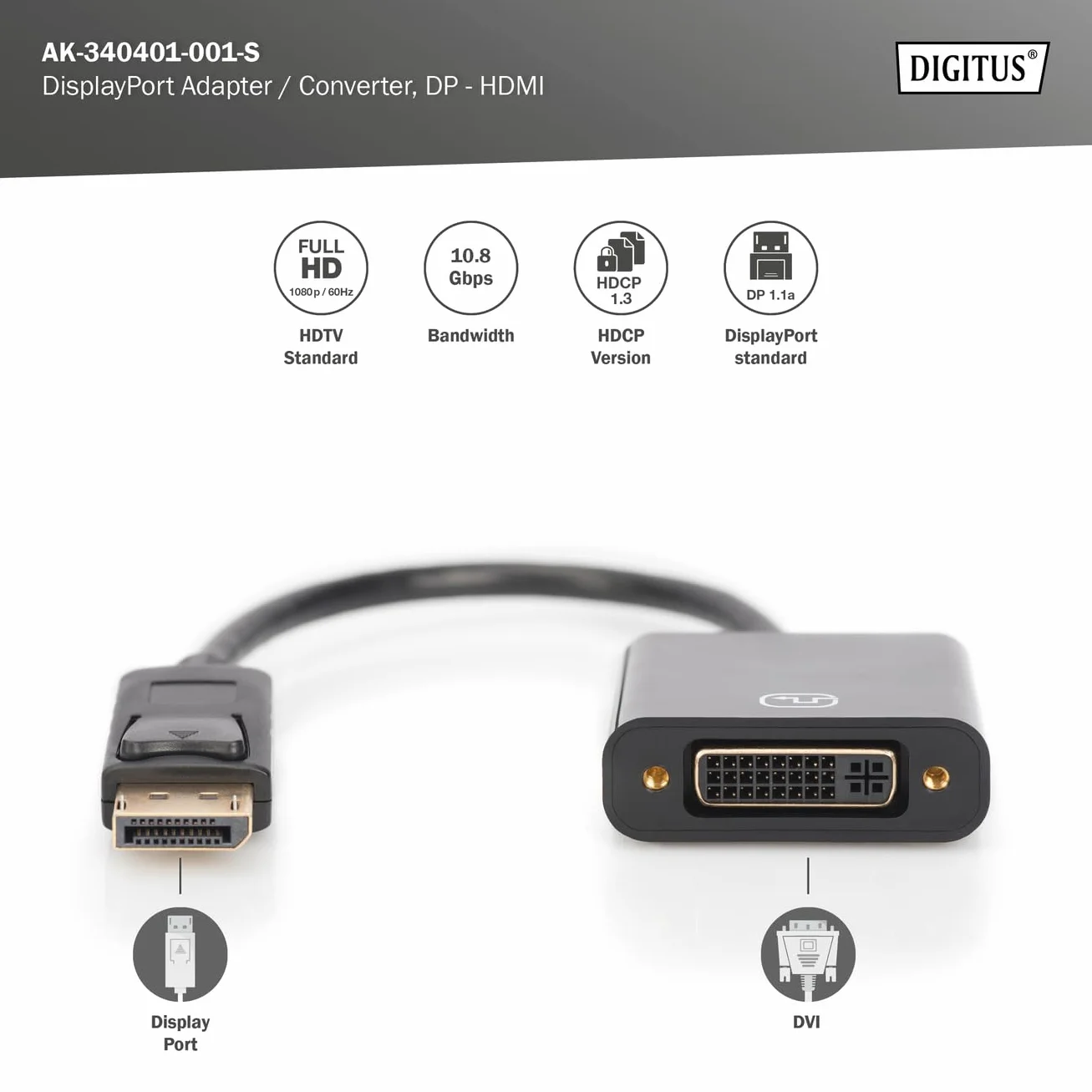 Digitus 0,15 m DP męski na DVI-I żeński kabel adaptera DisplayPort - czarny