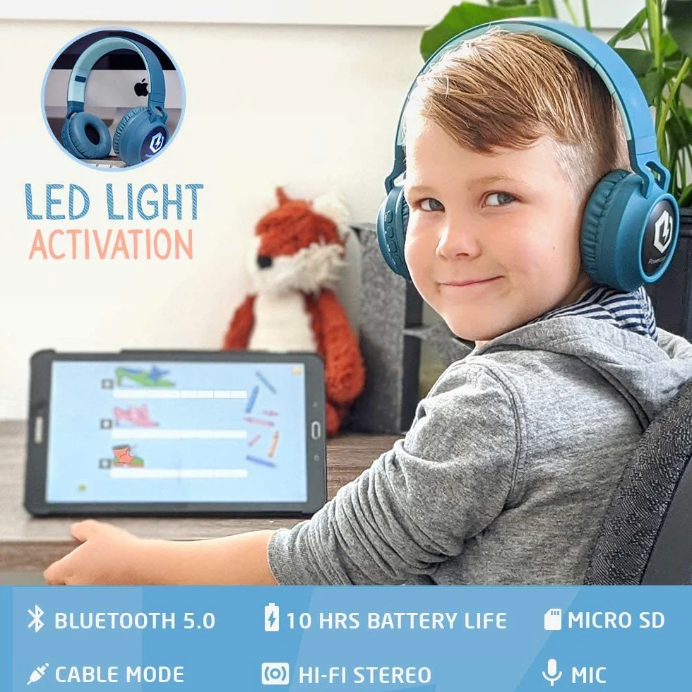 PowerLocus słuchawki dziecięce, słuchawki nauszne z ogranicznikiem głośności 85dB, światło LED, składane słuchawki stereo HD,bezprzewodowe i kabel, wbudowany mikrofon do telefonukomórkowego,tabletu