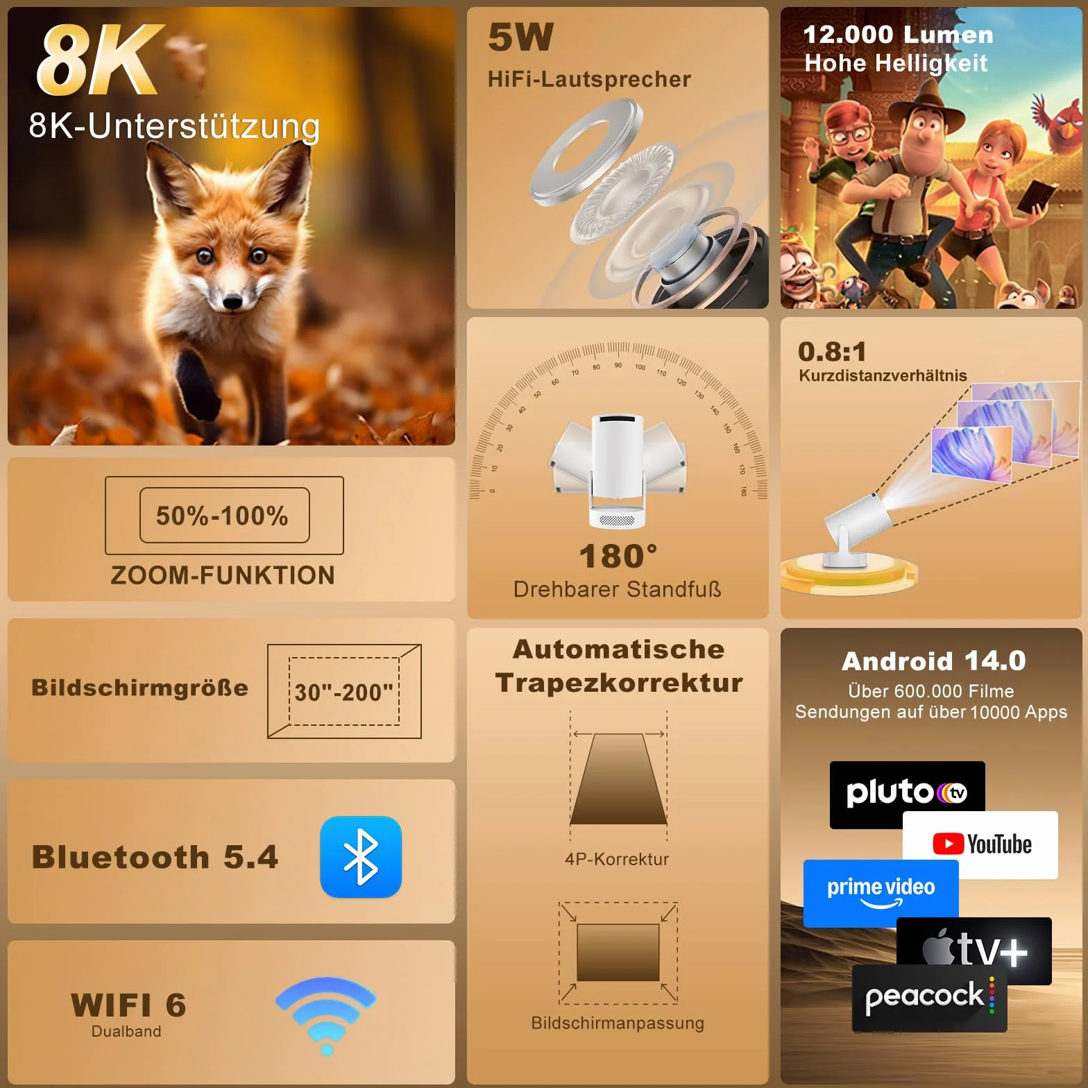 Salange Przenośny projektor 2026, mini projektor Pico, obsługuje 4K 1080P z WiFi 6 i Bluetooth 5.4, Android 14.0, obrót 180°, wbudowany głośnik HiFi 5 W, projektor kina domowego, biały