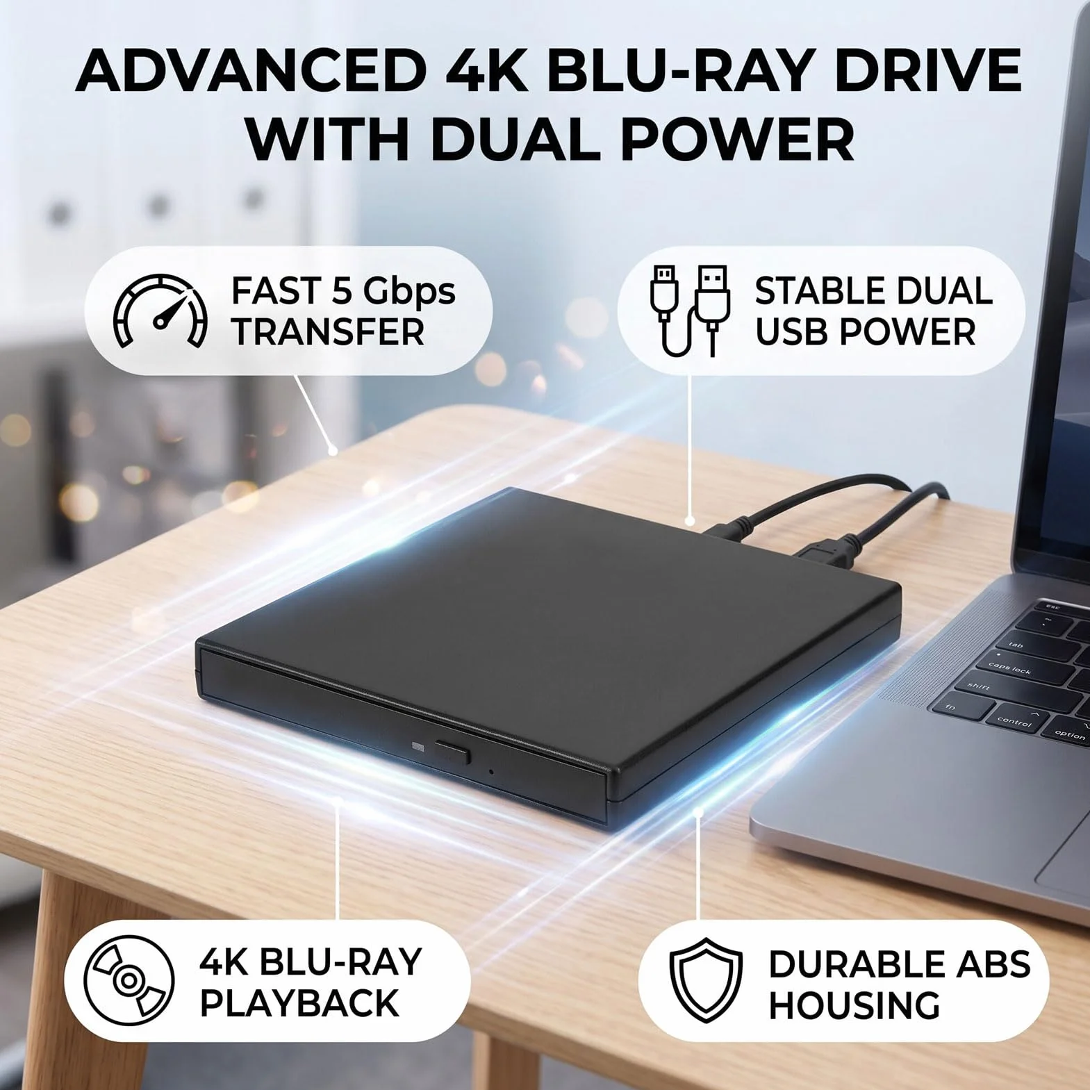 Topiky Odtwarzacz Zewnętrznego Napędu Optycznego USB 4K, Zewnętrzna Nagrywarka Blu-ray z Napędem Blu-ray (SILVER)
