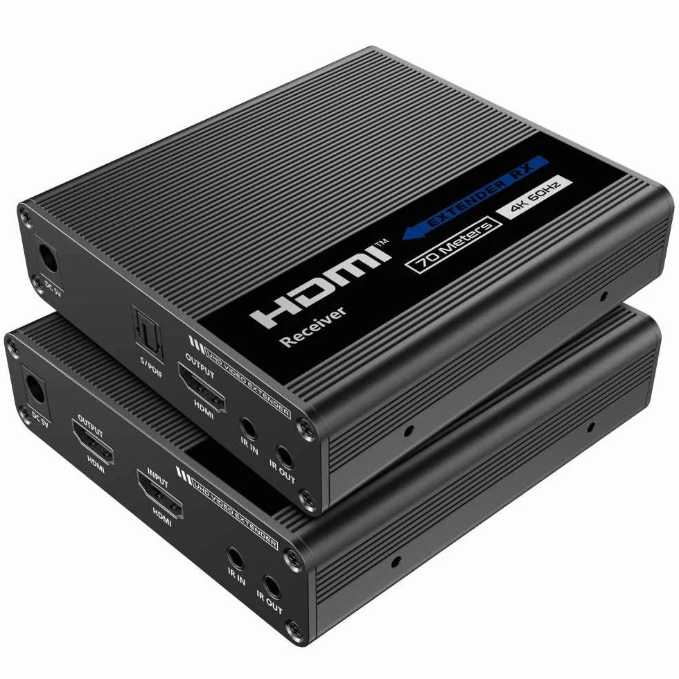 PremiumCord Przedłużacz 4K HDMI na 70 m za pomocą kabla krosowego Cat6 / Cat6A / Cat7, nadajnik i odbiornik podczerwieni, HDMI 2.0, ARC, rozdzielczość wideo Ultra HD 4K @ 60Hz