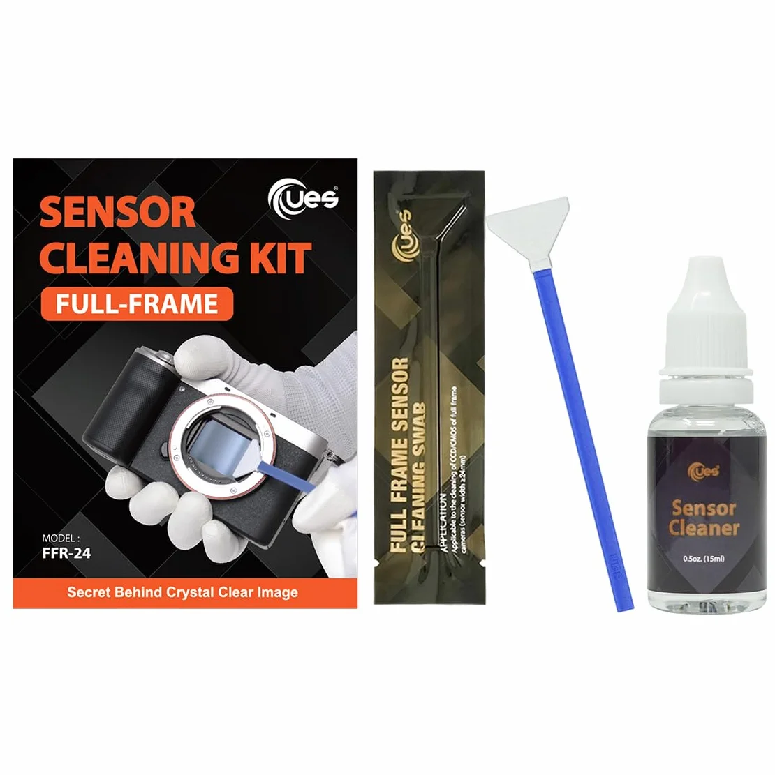 UES zestaw do czyszczenia matrycy pełnoklatkowej, 14 × 24 mm + 15 ml | 14 patyczków 24 mm i 15 ml płynu do usuwania kurzu z matryc aparatów Canon, Sony i Nikon.