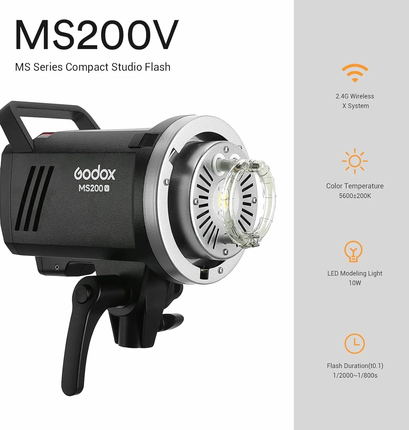 Godox MS200V lampa błyskowa studyjna z ulepszoną lampą modelującą LED, 200W GN53 Bowens Mount Monolight, lekka i przenośna, 2,4G Wireless X System Studio Strobe do fotografii portretowej w studio