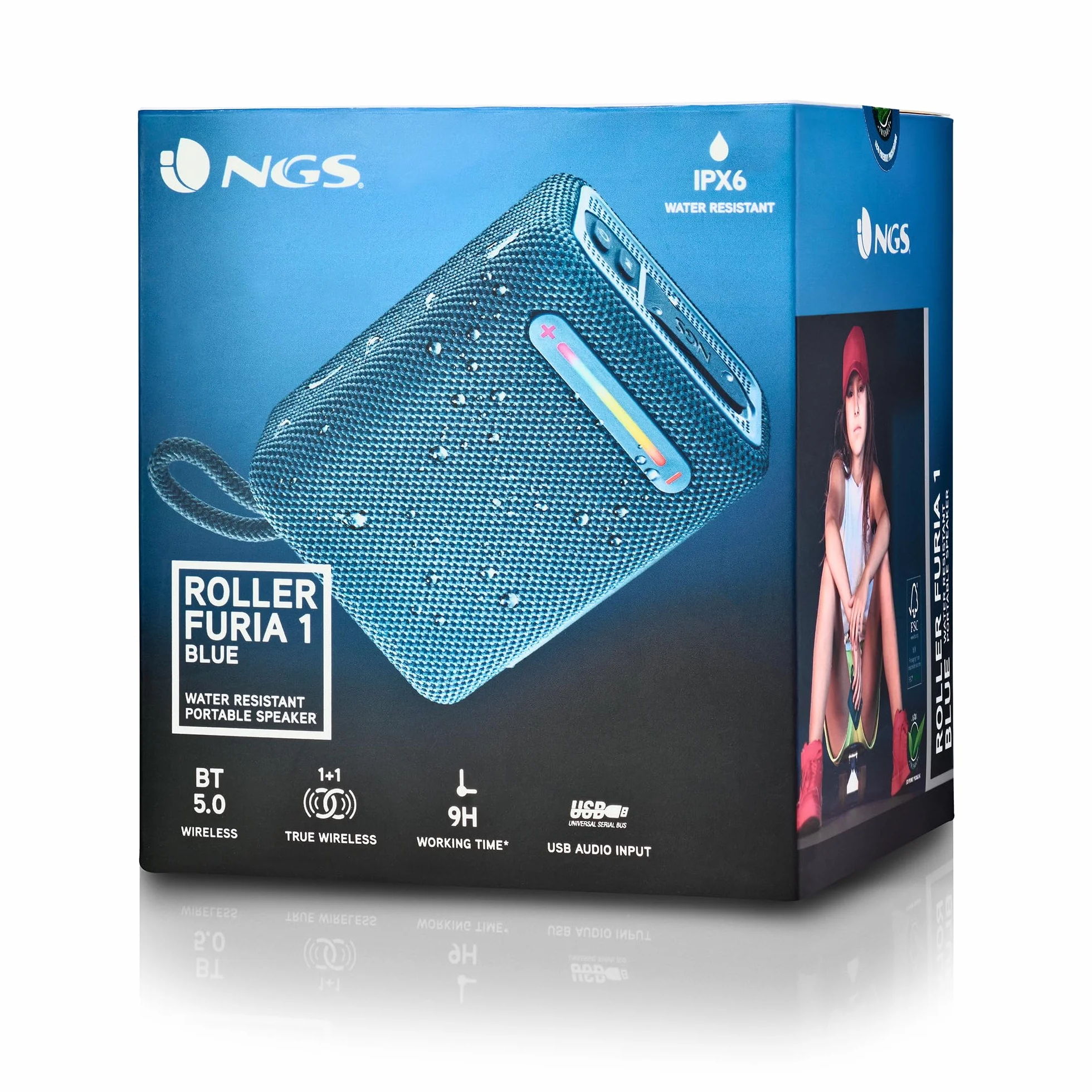 NGS Roller Furia 1 Blue przenośny głośnik z technologią Bluetooth, światła RGB, wodoszczelność IPX6, 15 W, True Wireless, USB, czas pracy baterii 9 godzin, niebieski