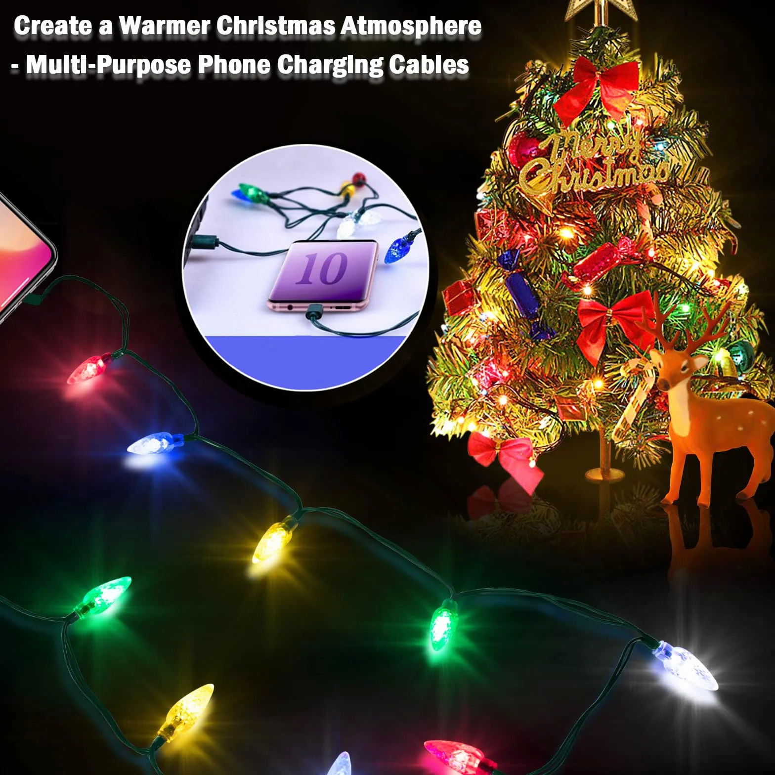 2 sztuki oświetlenia bożonarodzeniowego, kabel do ładowania telefonu komórkowego, 140 cm USB-A na Lightning, kabel do ładowania z 10 lampkami LED, kabel do ładowania na urlopie, kompatybilny z
