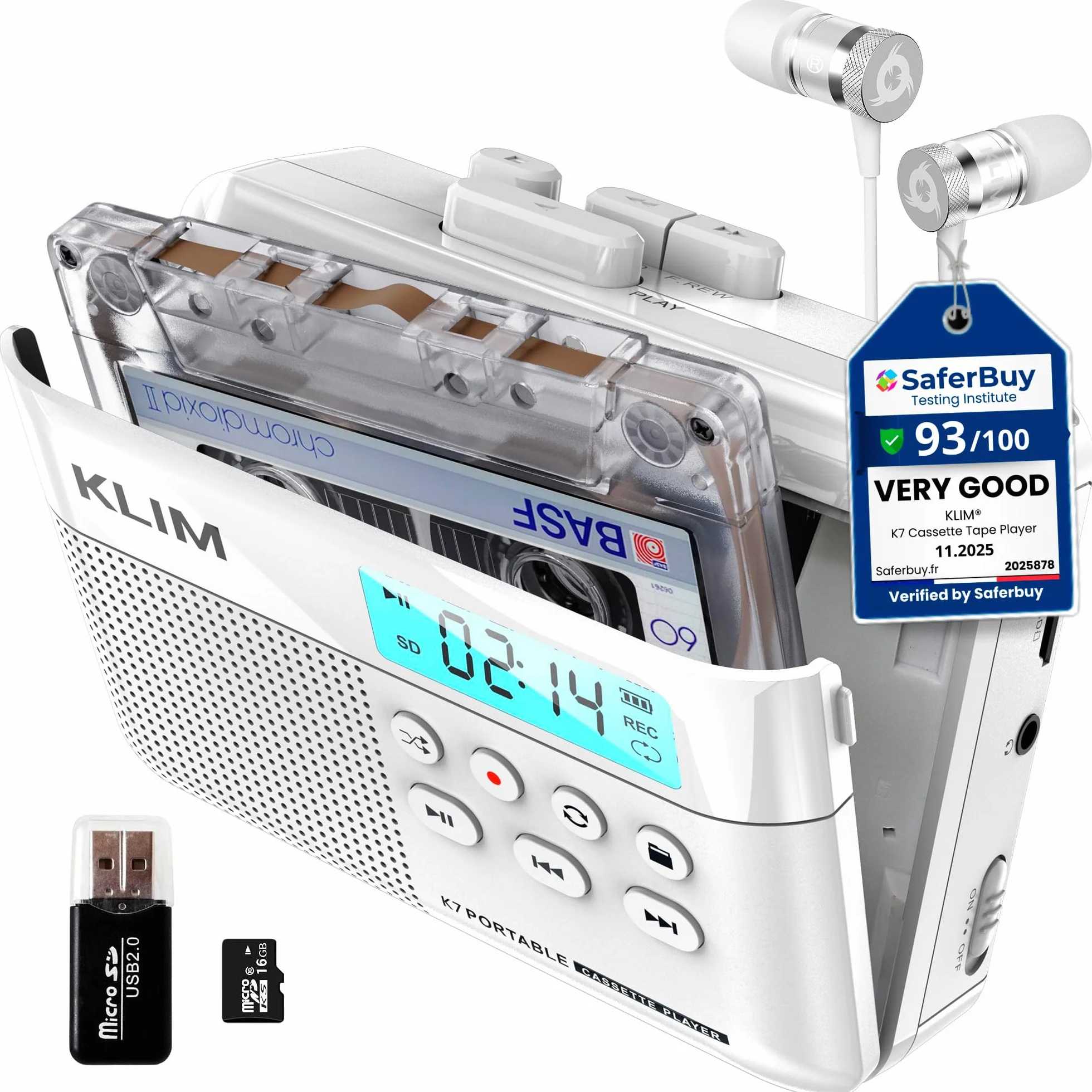 KLIM K7 Magnetofon kasetowy - konwerter kasety na MP3 - przenośny - wbudowany mikrofon i głośnik - akumulator - słuchawki - karta SD 16 GB - biały