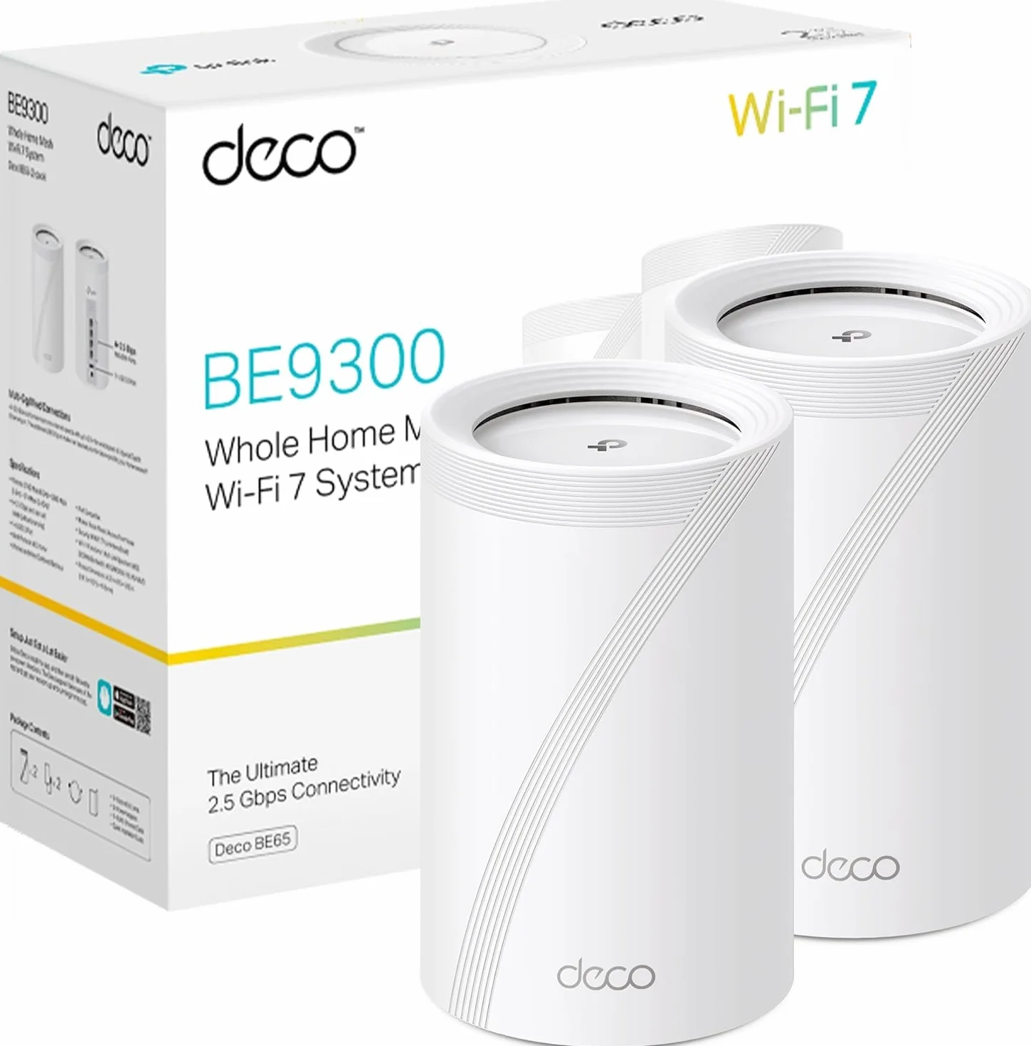 TP-Link Deco BE65 (2-Pack), Mesh Router WiFi 7 BE9300, Trójzakresowy 2.4GHz/5GHz/6GHz, 4× Porty 2.5G, AI do bezproblemowego roamingu, Niskie opóźnienia, HomeShield, Współpracuje z Alexa, Biały