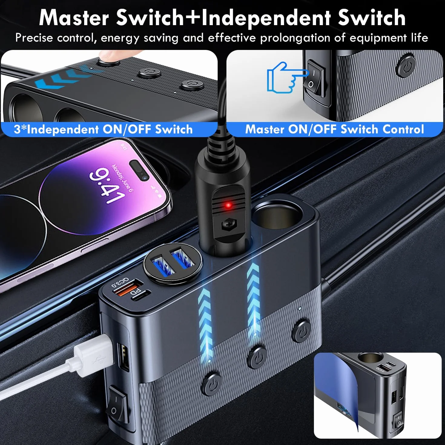 Rozdzielacz Zapalniczki Samochodowej 12V/24V, Ładowarka Samochodowa PD QC3.0 USB 127W z 3 Gniazdami i 4 Portami USB, Rozdzielacz Zapalniczki z Woltomierzem LED i Przełącznikiem